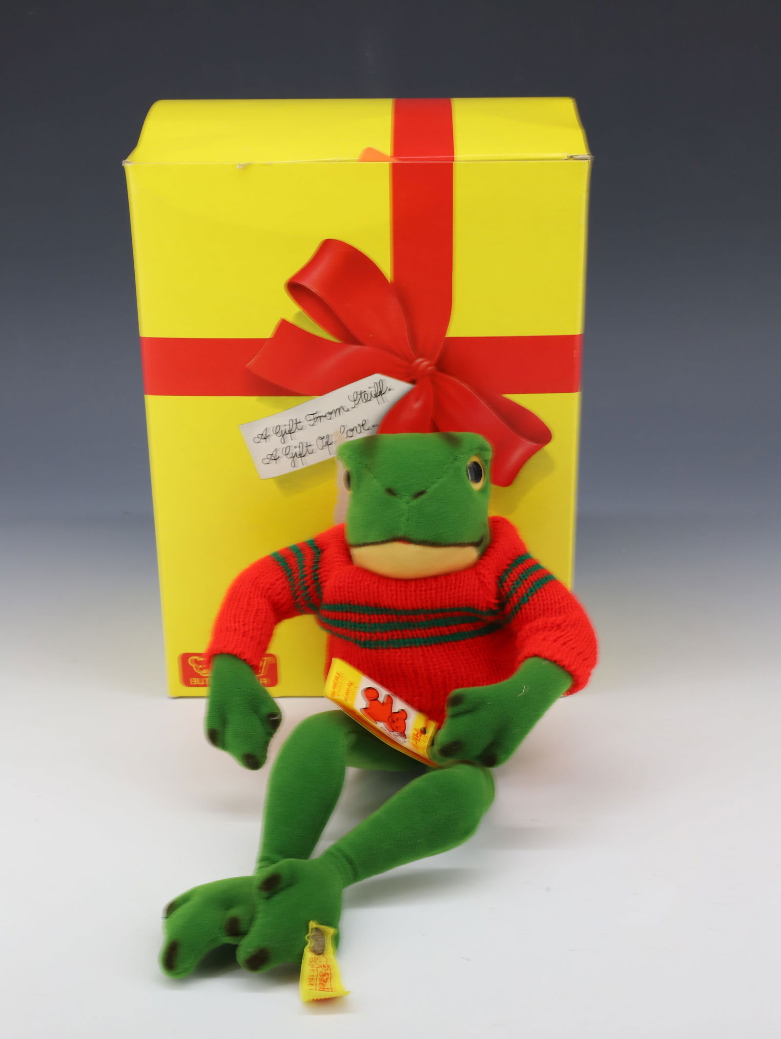 VINTAGE STEIFF FROG: GREEN FROG WITH SWEATER BUTTON AND TAG 8" PLEASE READ CAREFULLY - Terms for Purchasing and Shipping of Auction Items. Please read carefully before bidding. All payments for purchases will be made thro