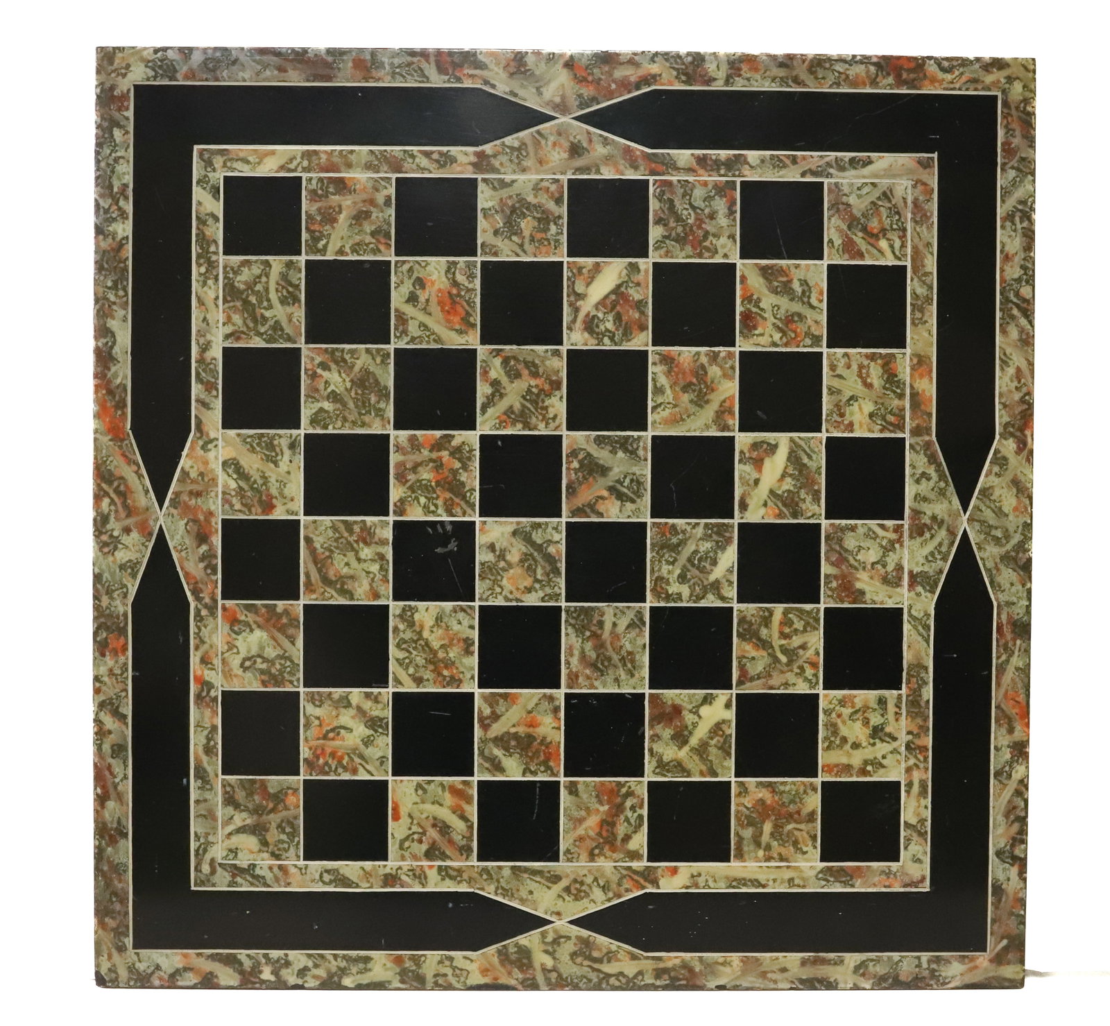 MARBLEIZED SLATE GAME BOARD: CHECKERBOARD WITH MARBLEIZED DECORATION AND INCISED DESIGN, 22" X 22" PLEASE READ CAREFULLY - Terms for Purchasing and Shipping of Auction Items. Please read carefully before bidding. All payments for