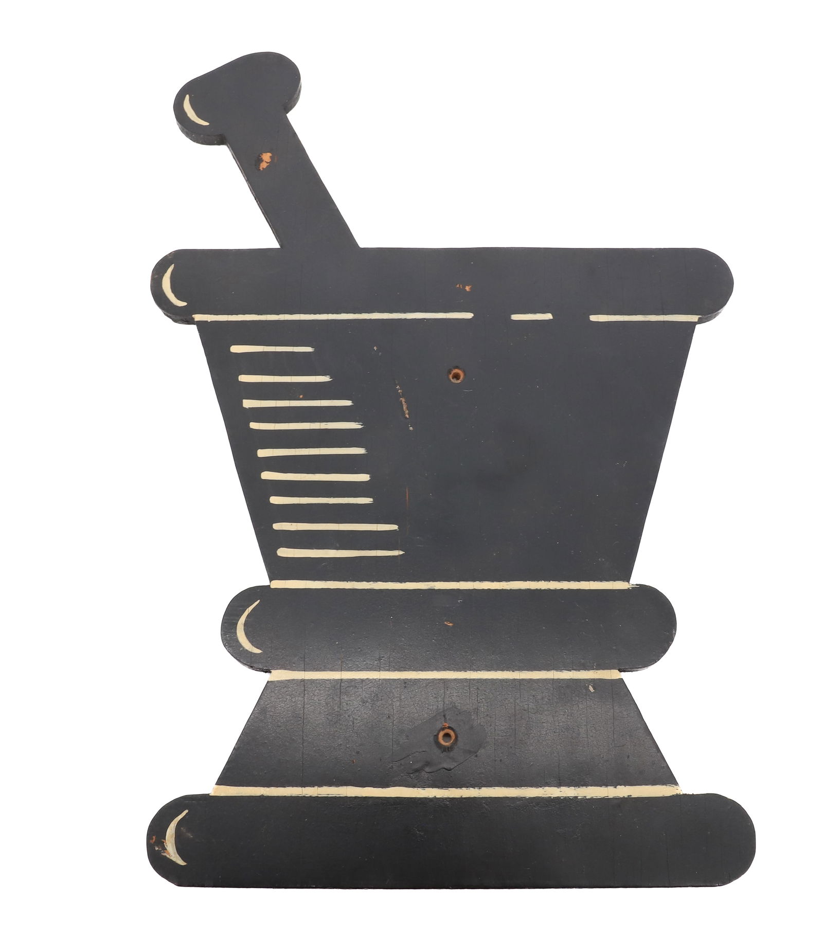 PAINTED DRUG STORE SIGN: BLACK/WHITE PAINTED WOOD MORTAR AND PESTLE CUT-OUT. 16 1/2" H. PLEASE READ CAREFULLY - Terms for Purchasing and Shipping of Auction Items. Please read carefully before bidding. All payments for purcha