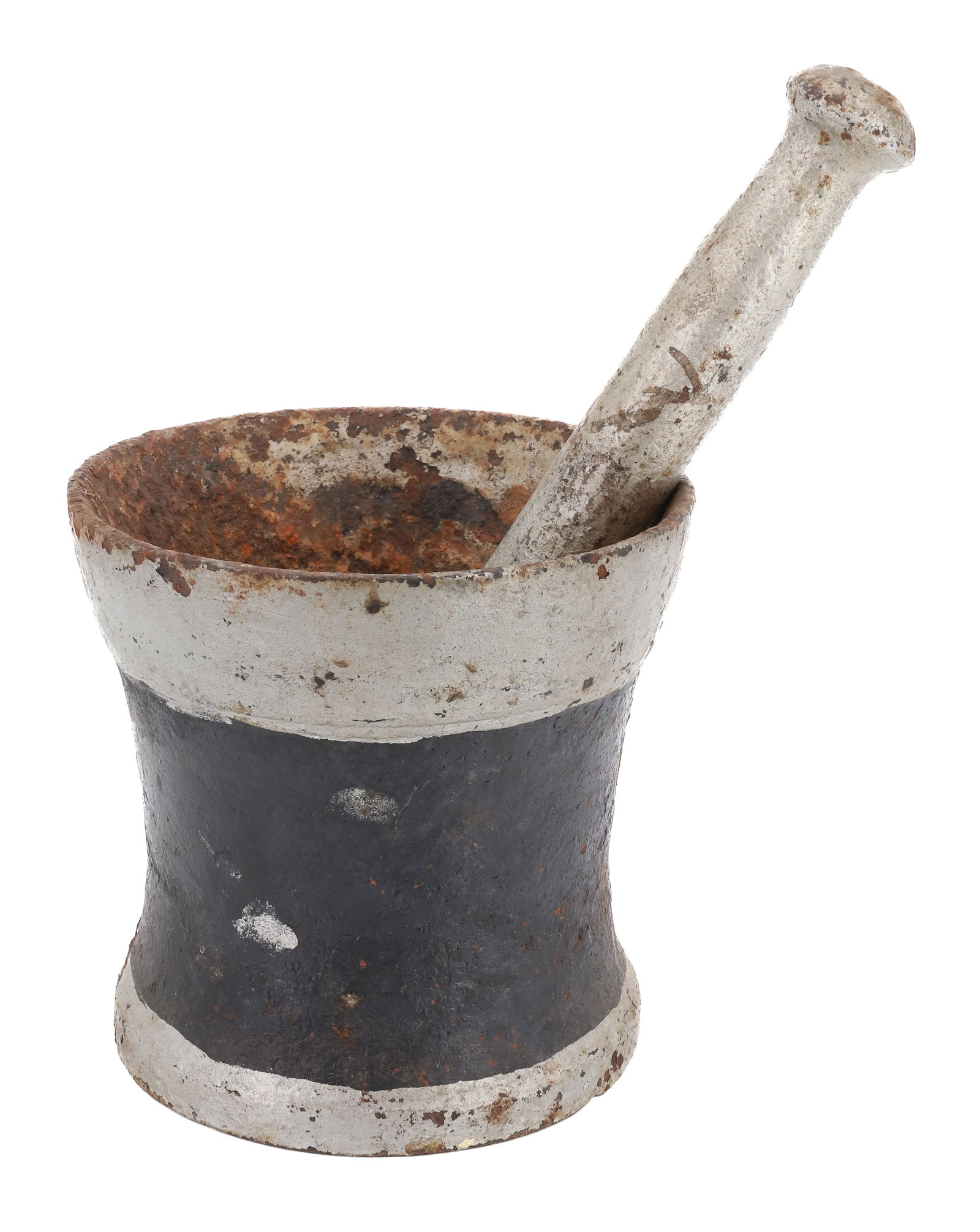 PAINTED CAST IRON MORTAR AND PESTLE: SILVER/BLACK PAINTED EXTERIOR. 6" X 6" BASE. PLEASE READ CAREFULLY - Terms for Purchasing and Shipping of Auction Items. Please read carefully before bidding. All payments for purchases will be made t