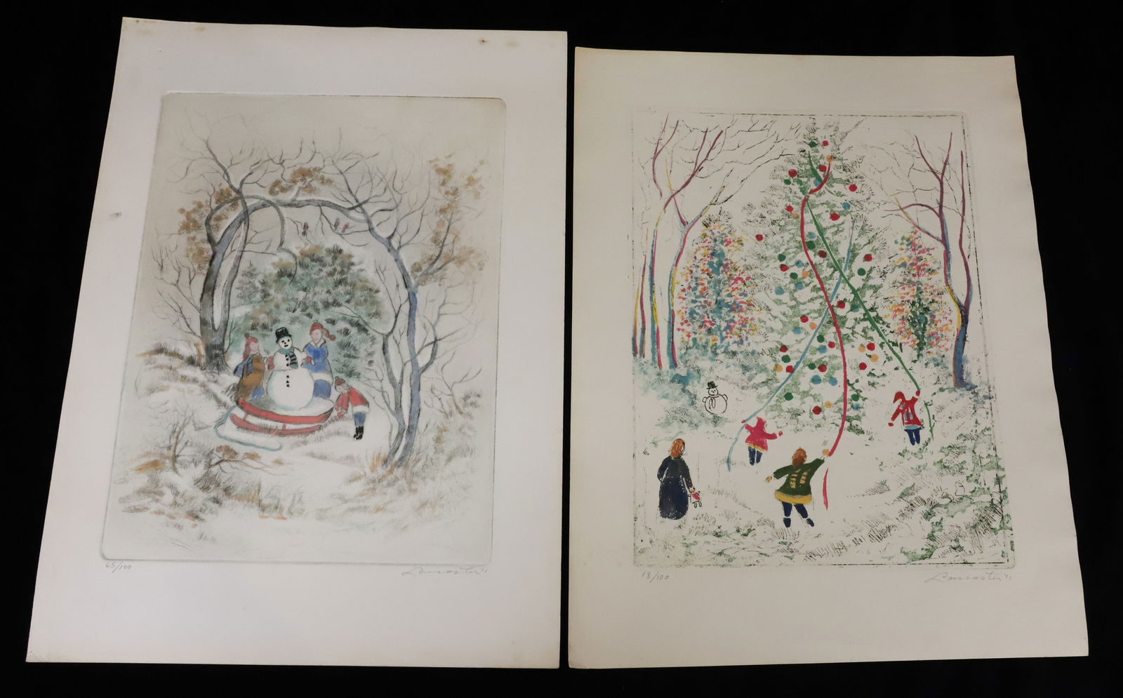(2) PAUL LANCASTER BLOCK PRINTS: HAND COLORED. INCLUDING: SNOWMEN, CHILDREN AND SLEIGHT. AND, SNOWMAN WITH CHILDREN DECORATING CHRISTMAS TREE IN FOREST. #18/100 AND #65/100. SGND/DATED "71" LOWER RIGHT. 11 1/2" X 8" UNFRAMED. FROM TH