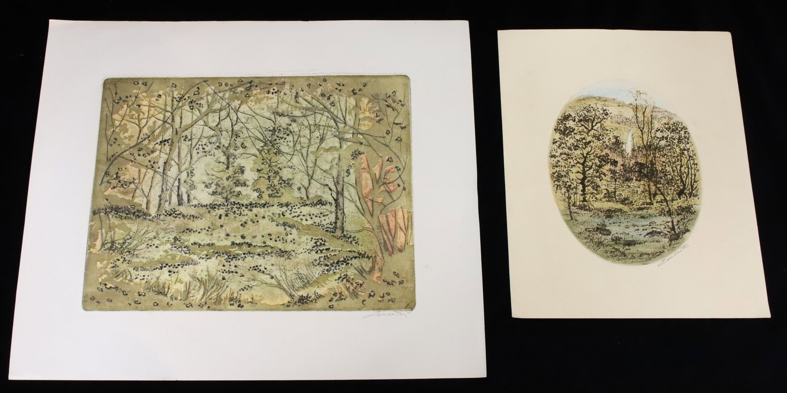 (2) PAUL LANCASTER BLOCK PRINTS: BOTH FOREST SCENES. SGND. LANCASTER 75. LARGEST 9" X 12". FROM THE PRIVATE COLLECTION OF KATHRYN ZERVOS, GRANDDAUGHTER OF STERLING STRAUSER. PLEASE READ CAREFULLY - Terms for Purchasing and Shipping o