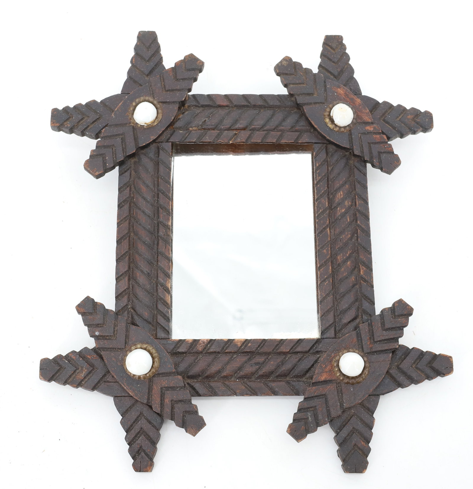 SMALL TRAMP ART MIRROR: INCISED DECORATION WITH PORCELAIN KNOBS. 8 1/4" X 7". SIGHT VIEW 3 5/8" X 2 1/2". PLEASE READ CAREFULLY - Terms for Purchasing and Shipping of Auction Items. Please read carefully before bidding. All 