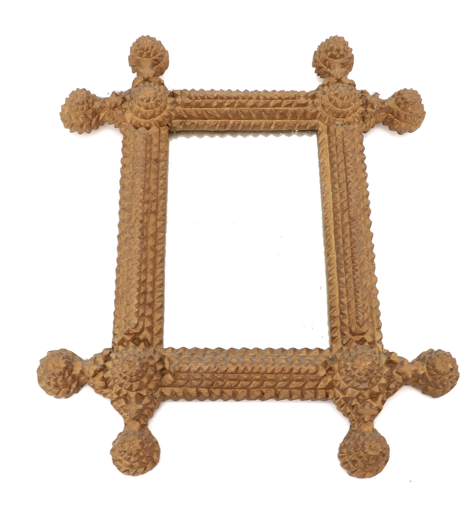 GOLD PAINTED TRAMP ART MIRROR: CHIP CARVED WITH GOLD SURFACE. 12 1/2" X 10 1/2". SIGHT VIEW 6 1/2" X 4". PLEASE READ CAREFULLY - Terms for Purchasing and Shipping of Auction Items. Please read carefully before bidding. All payments