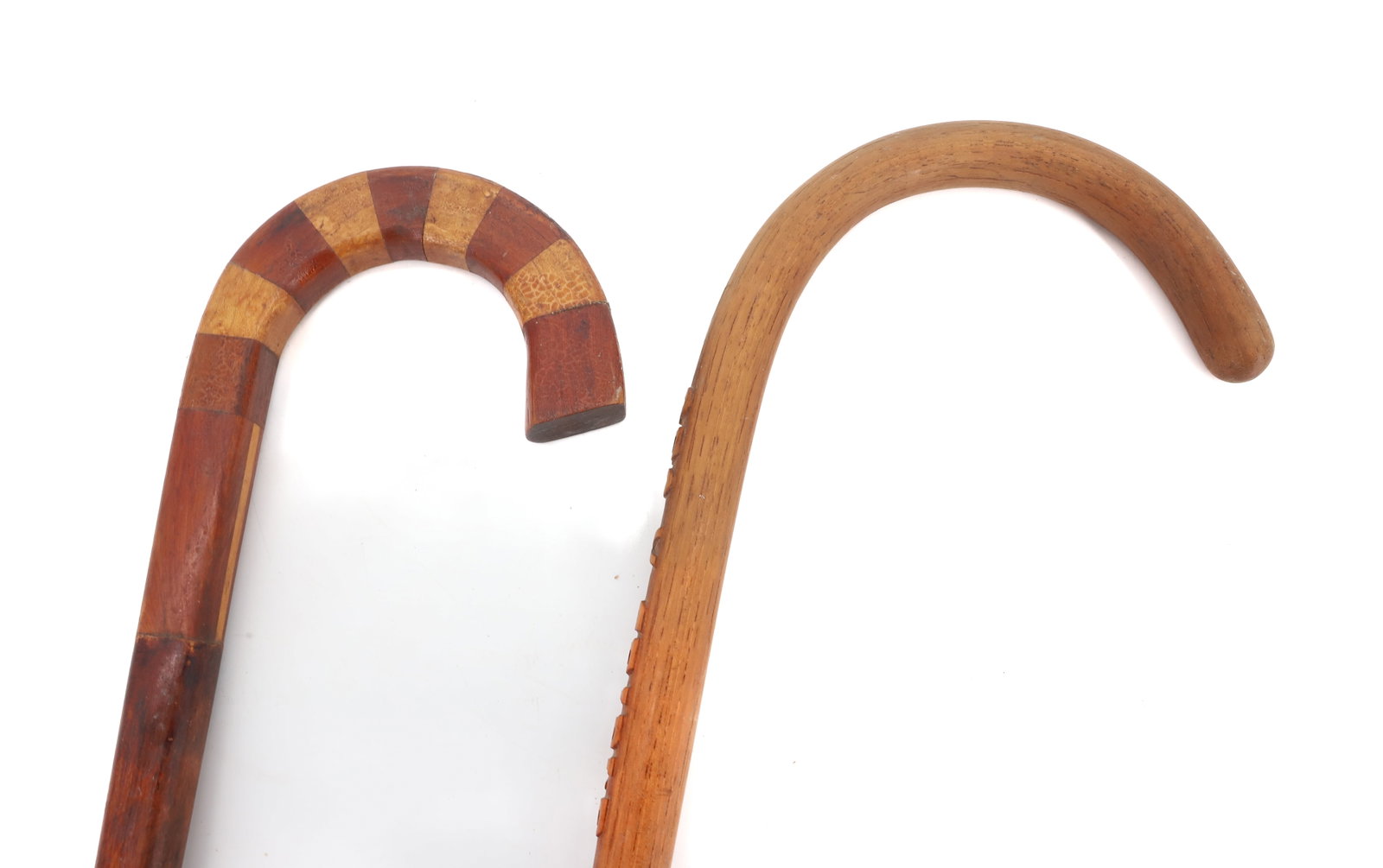 (2) FOLK ART CANES: ONE WITH INLAID WOODS, OTHER WITH CARVED NAME "GEO V SEIPLE" - 36" L PLEASE READ CAREFULLY - Terms for Purchasing and Shipping of Auction Items. Please read carefully before bidding. All payments for 
