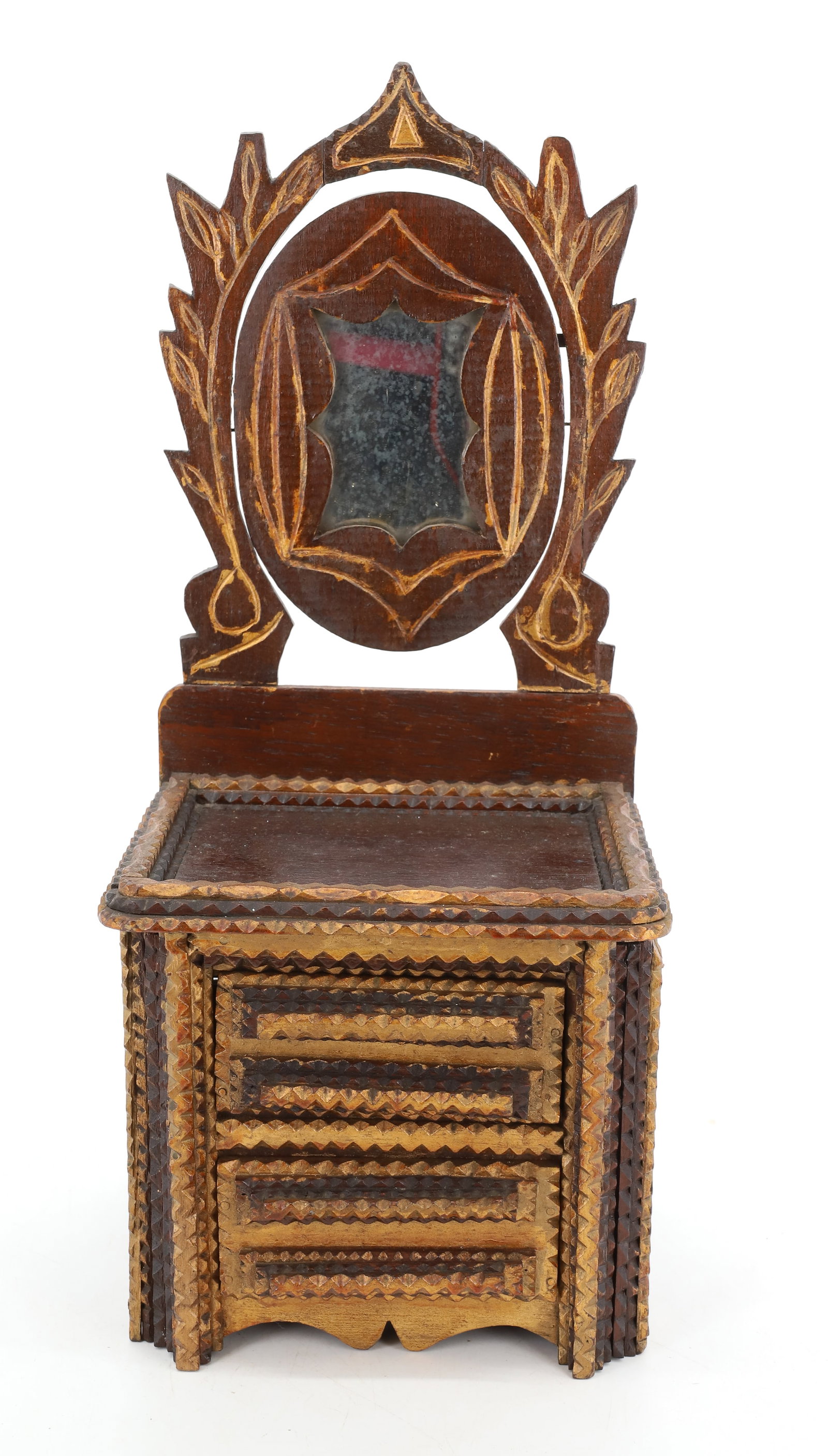 MINIATURE TRAMP ART DRESSER: CHIP CARVED WITH GOLD PAINT HIGHLIGHTS. TWO DRAWERS, MIRRORED BACK. 16 1/2" H. PLEASE READ CAREFULLY - Terms for Purchasing and Shipping of Auction Items. Please read carefully before bidding. All pay