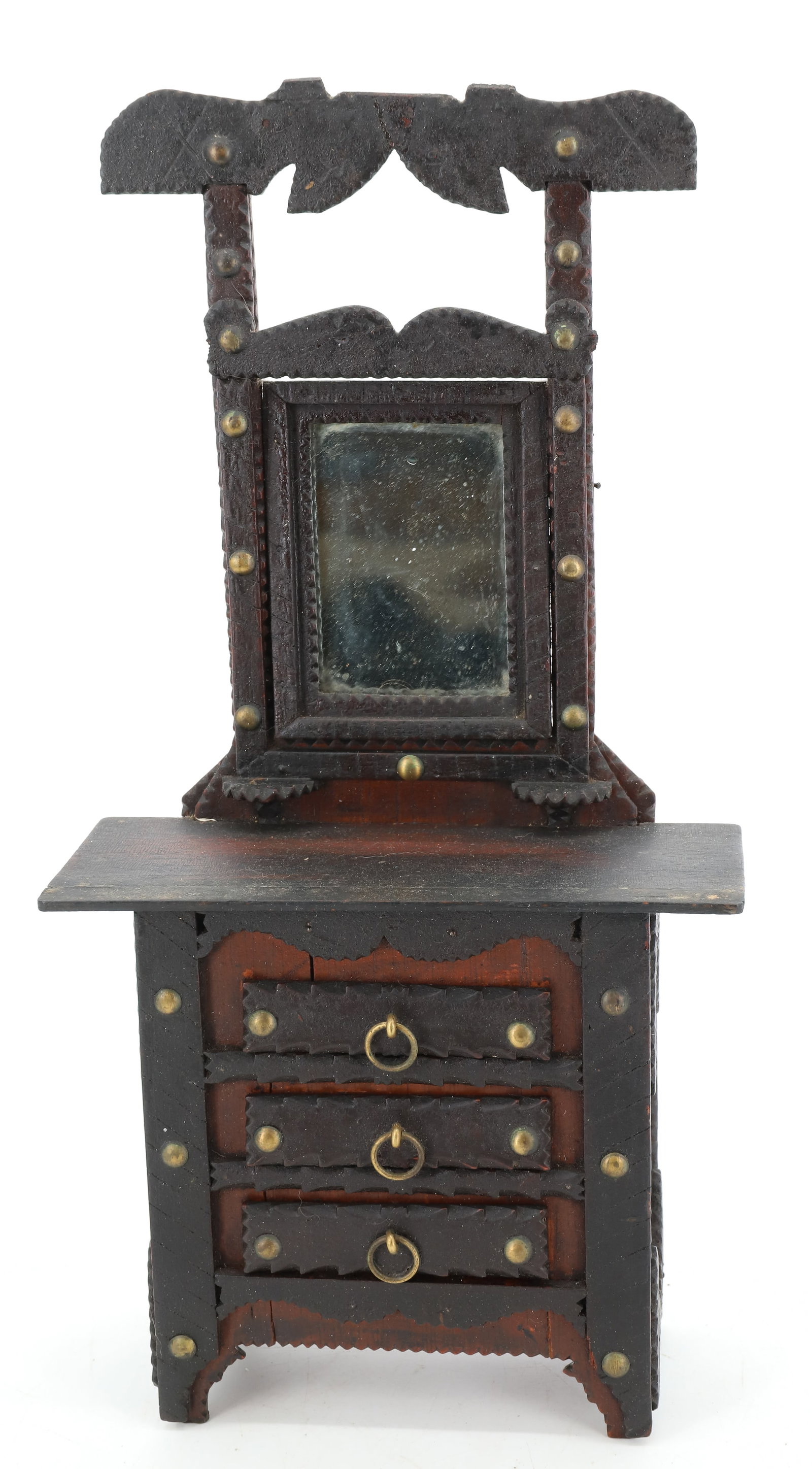 MINIATURE TRAMP ART DRESSER: DECORATED DRESSER WITH THREE DRAWERS UNDER MIRROR. 14" H. PLEASE READ CAREFULLY - Terms for Purchasing and Shipping of Auction Items. Please read carefully before bidding. All payments for purchases w