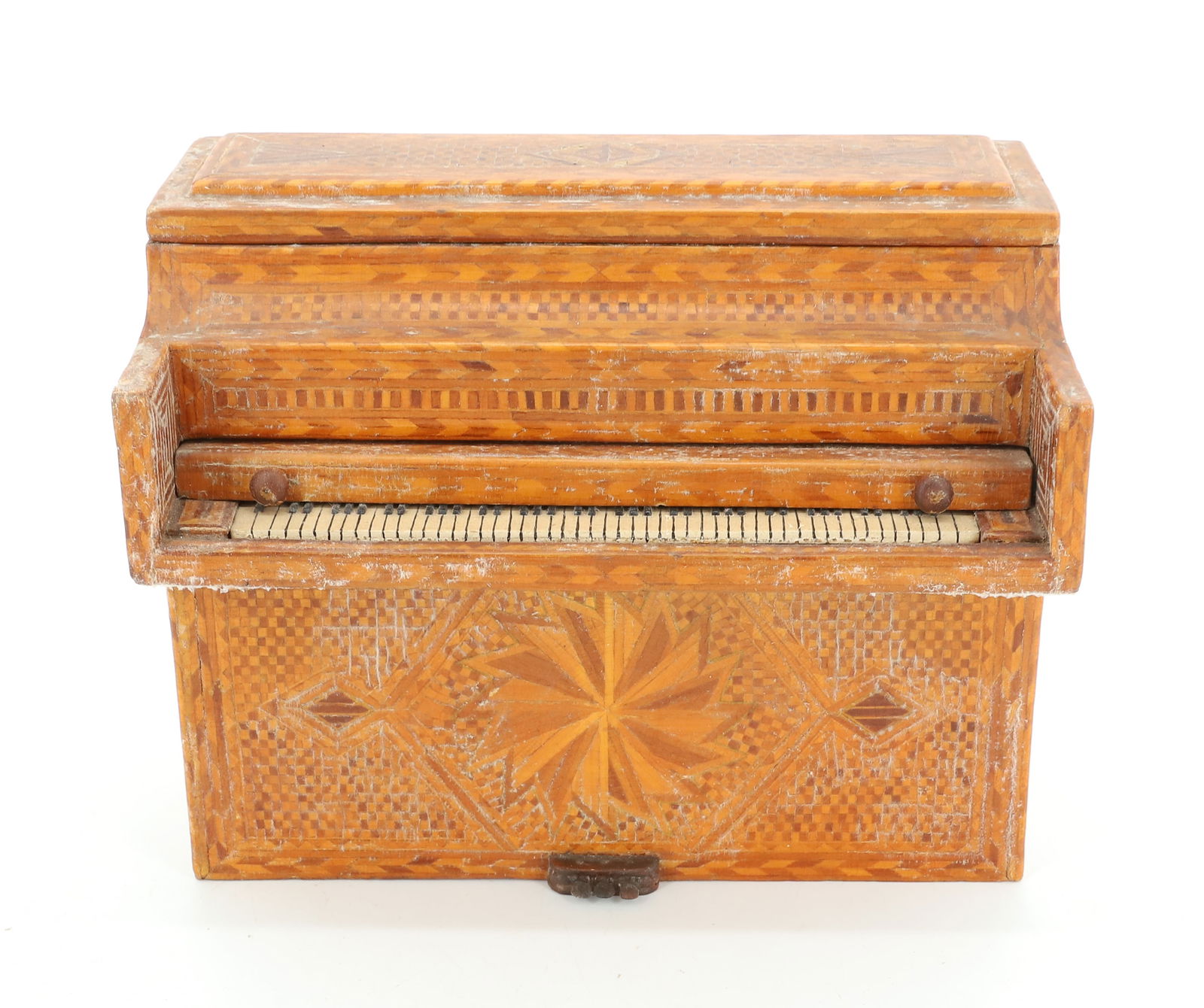 FOLK ART MINIATURE PIANO: INLAID WOOD WITH INTRICATE DESIGNS. 7" X 8 1/2" X 4 1/2". PLEASE READ CAREFULLY - Terms for Purchasing and Shipping of Auction Items. Please read carefully before bidding. All payments for purchases w