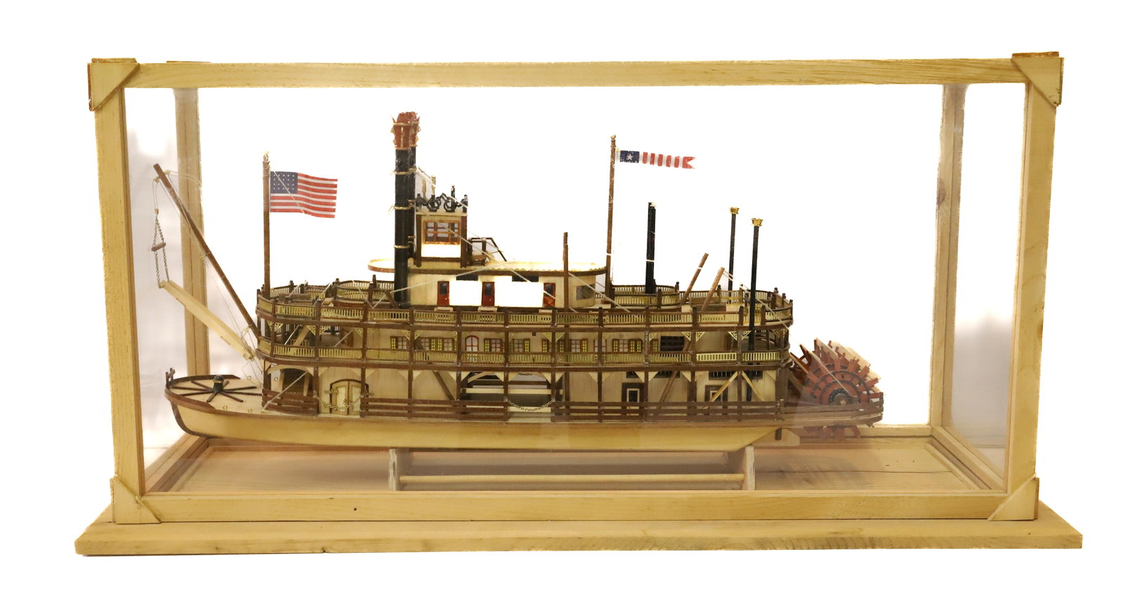 FOLK ART PADDLE BOAT SHIP MODEL: DETAILED MODEL WITH PAINTED HIGHLIGHTS. IN WOODEN/PLEXI CASE. TOTAL SIZE 15" X 29" X 9 1/2". PLEASE READ CAREFULLY - Terms for Purchasing and Shipping of Auction Items. Please read carefully before bi