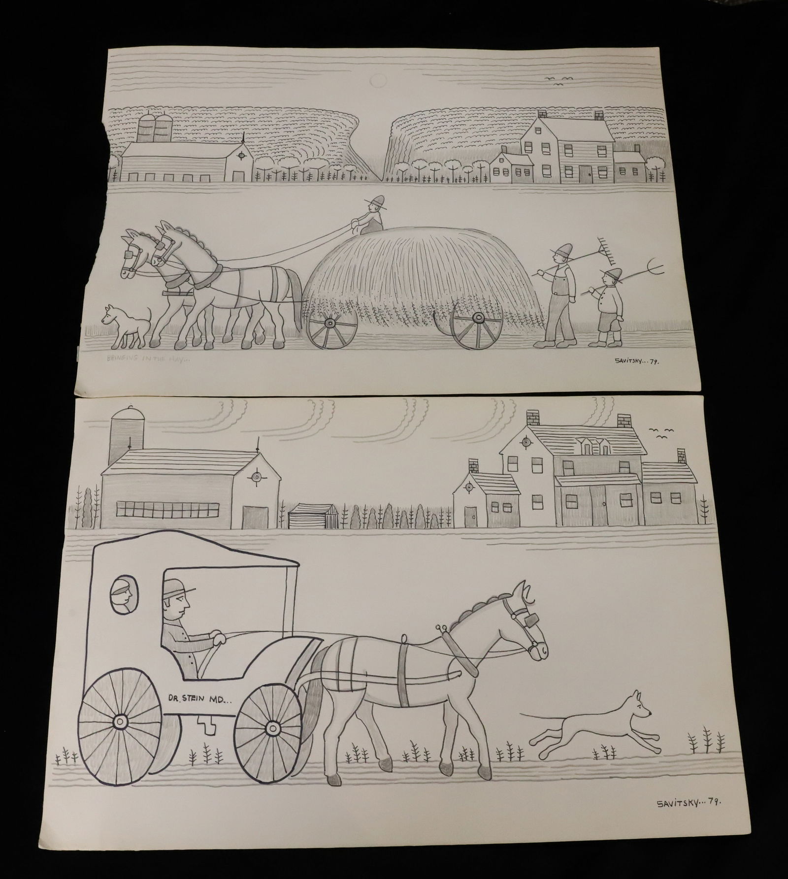(2) JACK SAVITSKY BLACK/WHITE DRAWINGS: DR. STEIN, MD. AND "BRINGING IN THE HAY". SGND/DATE 79 LR. 12" X 18". PLEASE READ CAREFULLY - Terms for Purchasing and Shipping of Auction Items. Please read carefully before bidding. All payments for