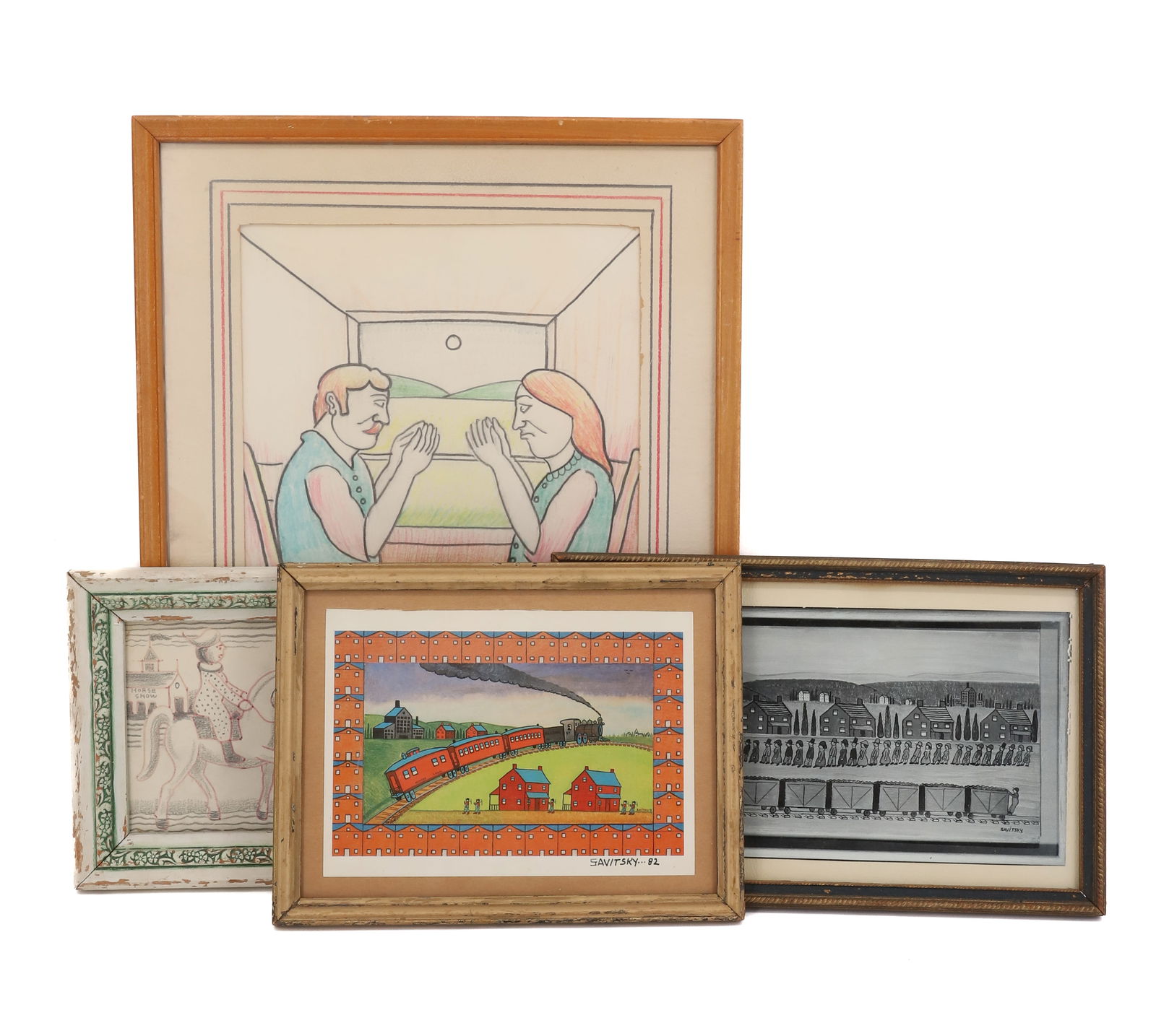 LOT OF (4) JACK SAVITSKY ART PIECES: INCLUDING: SGND. SAVITSKY POSTCARD DATED "82" DEPICTING THE MINER'S TRAIN. POSTCARD OF FUNERAL OF COAL MINER (FRAMED), EARLY CRAYON/PENCIL DRAWING "HORSE SHOW" 4 1/2" X 4 1/2". 1960S "OUR DAILY BREAD"