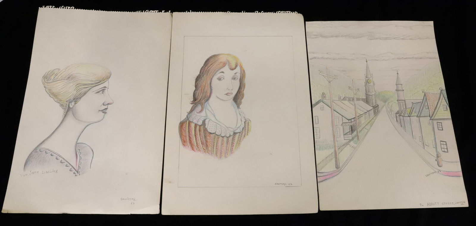 (3) EARLY 1960S JACK SAVITSKY DRAWINGS: TWO WOMEN DATED 1962. ONE TITLED PAT, JANE, LASLING. AND, EAST ABBOTT STREET, LANDSFORD, PA. THE GIRLS MEASURE 12" X 18". PLEASE READ CAREFULLY - Terms for Purchasing and Shipping of Auction Items. Pl