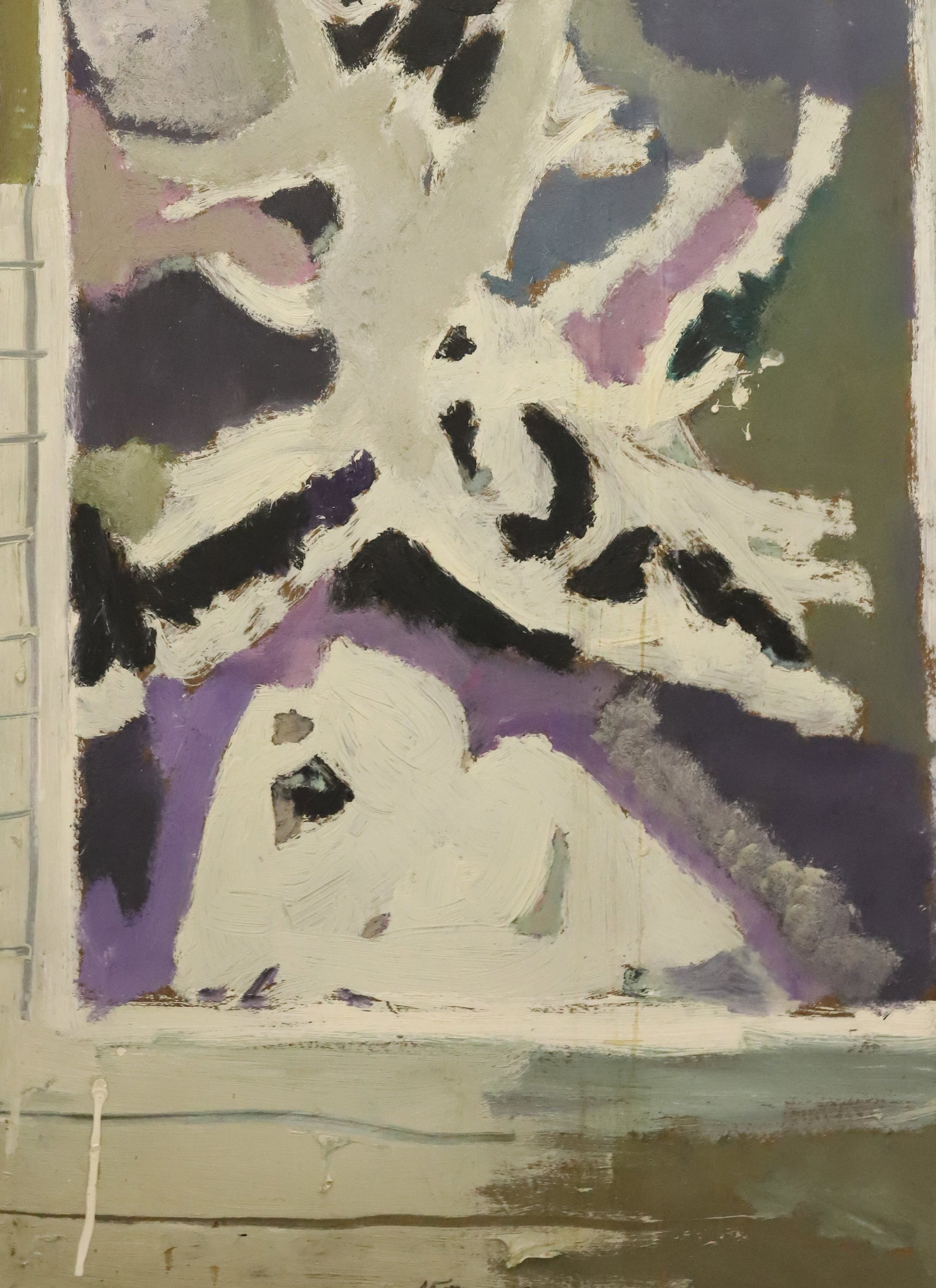 LARGE STERLING STRAUSER ABSTRACT, OIL ON BOARD: ABSTRACT VIEW FROM STERLING'S WINDOW. FIGURE LEANING ON HAND ON WINDOW SILL. SGND. BOTTOM MIDDLE. 48" X 36" . FROM THE PRIVATE COLLECTION OF KATHRYN ZERVOS, GRANDDAUGHTER OF STERLING STRAUSER. PLEASE 