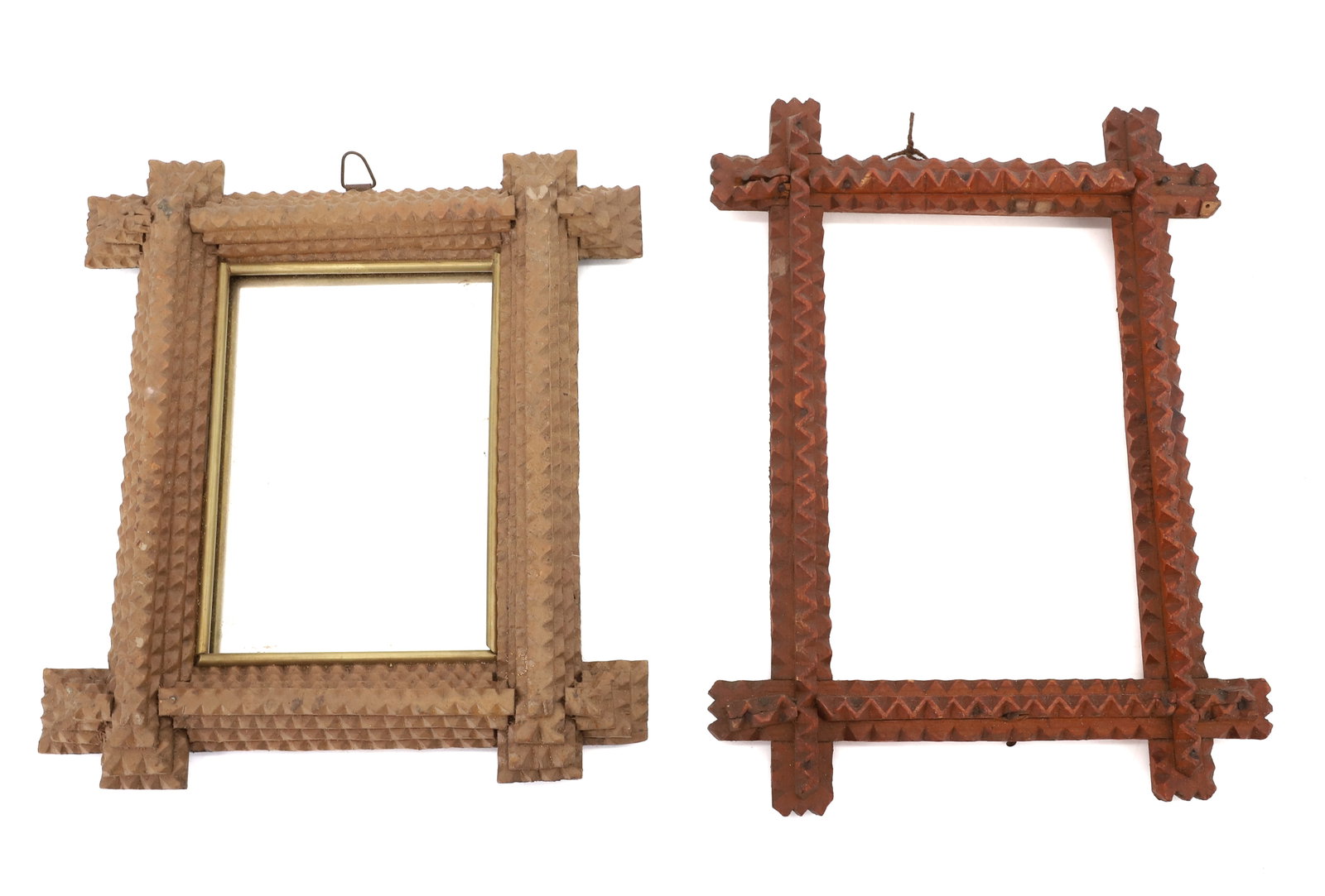 (2) TRAMP ART FRAMES: CHIP CARVED. ONE WITH MIRROR INSERT, FRAME PAINTED BROWN. 7 3/4" X 7" TOTAL SIZE. OTHER FRAME IS 8 3/4" X 6 1/2". SIGHT VIEW 5 3/4" X 3 3/4". PLEASE READ CAREFULLY - Terms for Purchasing and Shipping 