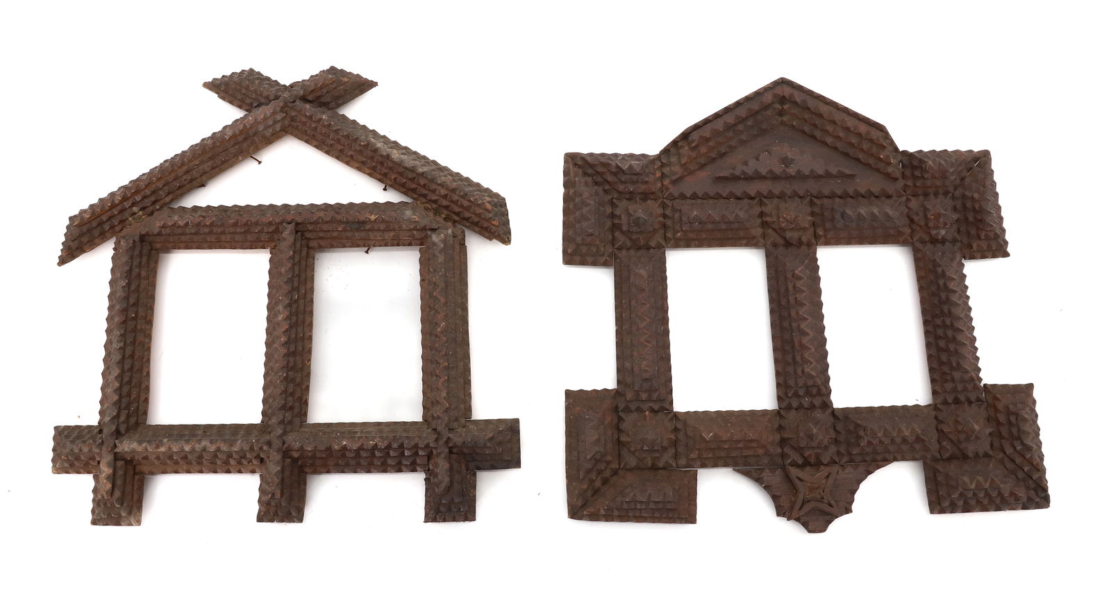 (2) TRAMP ART DOUBLE FRAMES: CHIP CARVED WITH INSERTS FOR TWO PHOTOS EACH. 10" X 10". SIGHT VIEW 3 3/4" X 2 1/2". 10" X 10". SIGHT VIEW 3 1/2" X 2 1/8". PLEASE READ CAREFULLY - Terms for Purchasing and Shipping of Auction Items.