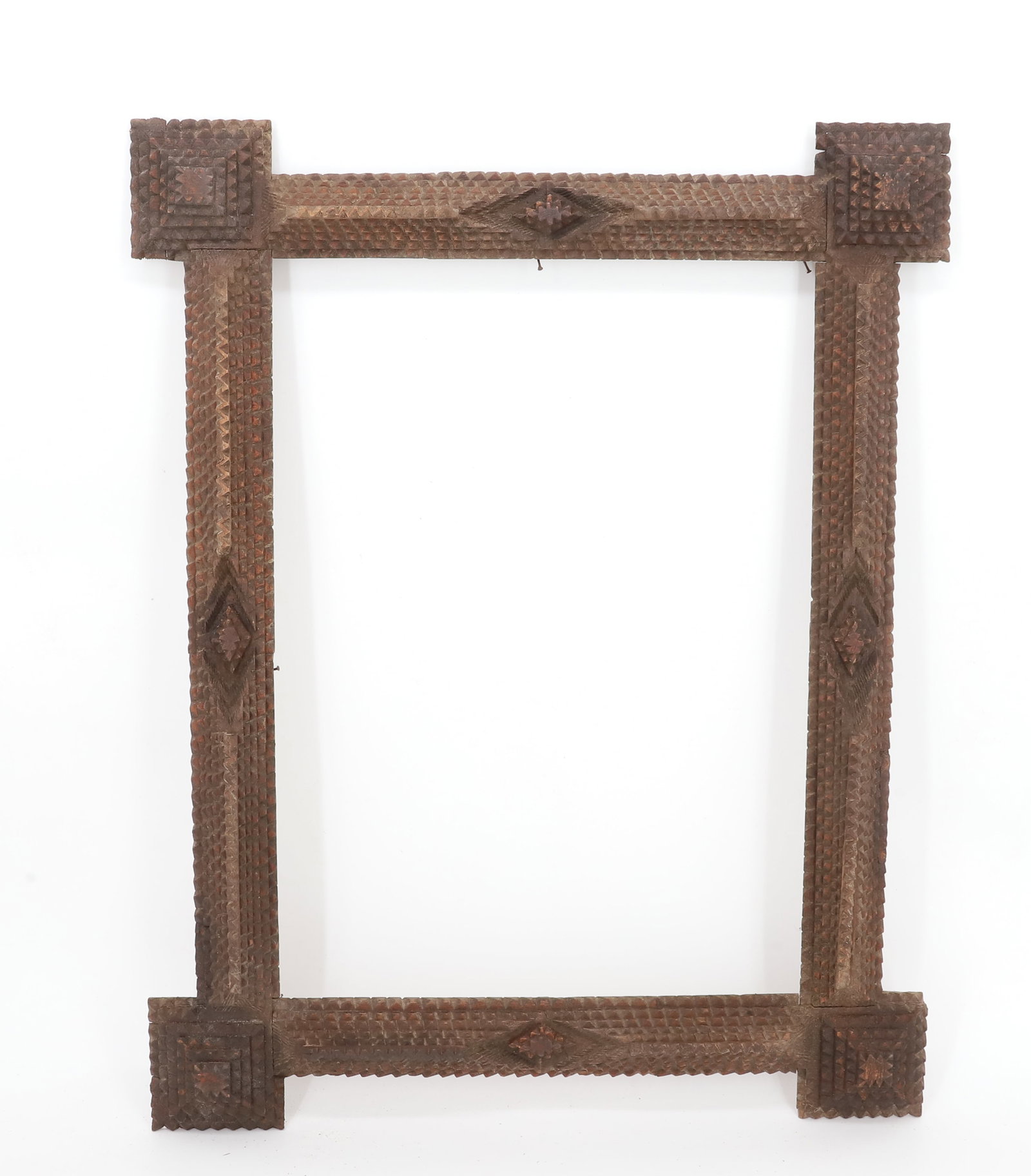 CHIP CARVED FRAME: WOODEN LAYERED FRAME. 21 1/2" X 17". SIGHT VIEW 15 3/4" X 11 1/4". PLEASE READ CAREFULLY - Terms for Purchasing and Shipping of Auction Items. Please read carefully before bidding. All payments for pu