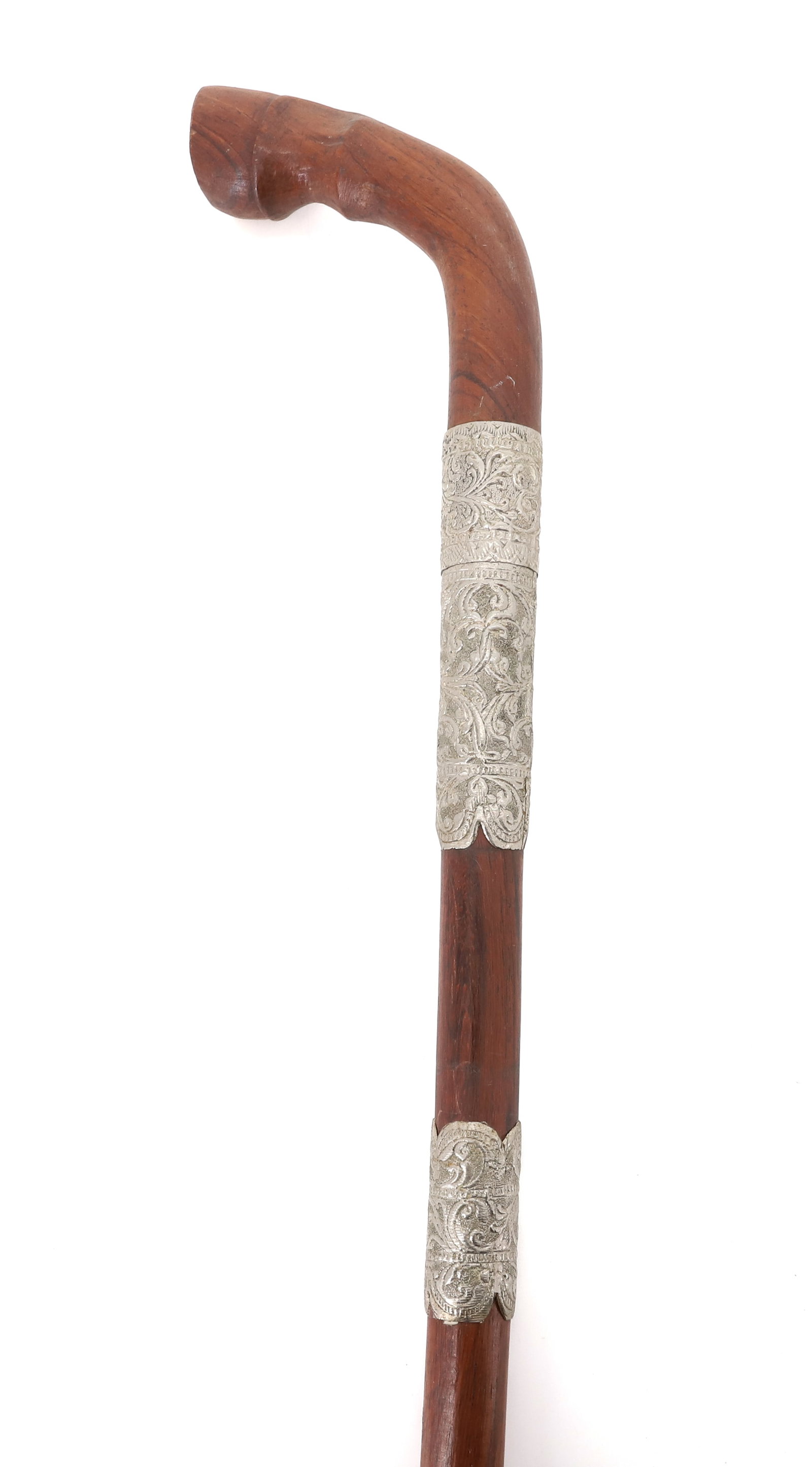 CARVED WOODEN CAN WITH METAL BANDING: CARVED HOOF AT END OF HANDGRIP. EMBOSSED SILVER METAL BANDING AND TIP. 42" L. PLEASE READ CAREFULLY - Terms for Purchasing and Shipping of Auction Items. Please read carefully before bidding. All paym
