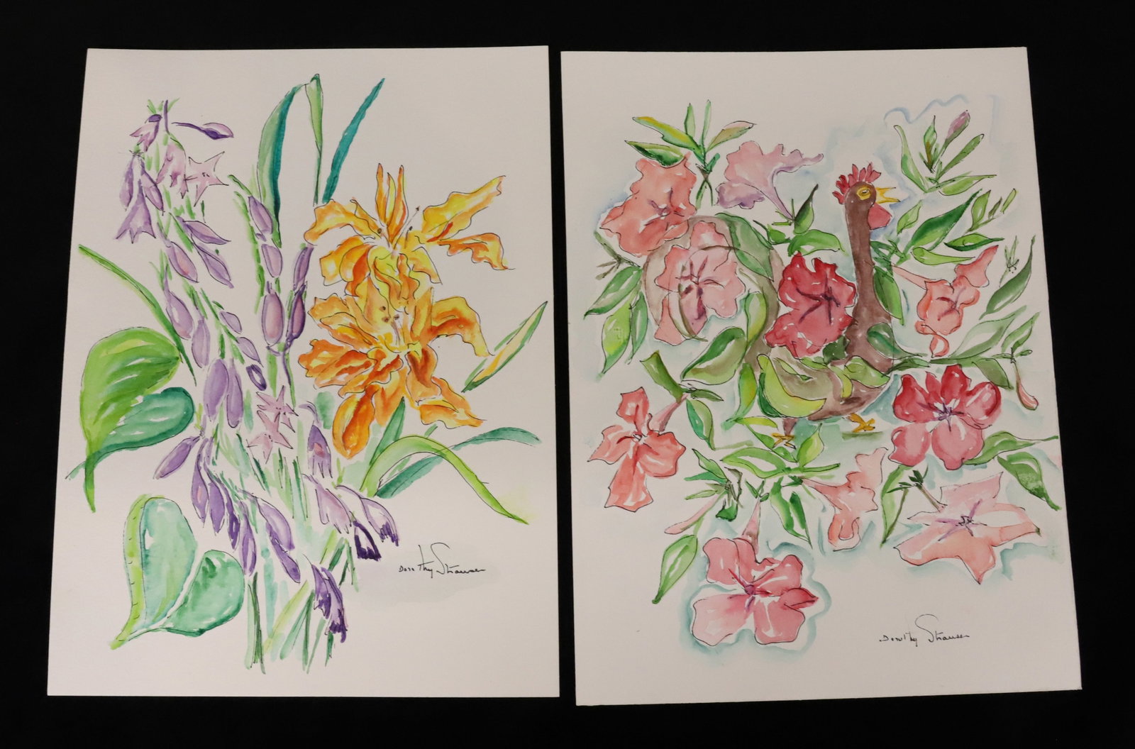 (2) DOROTHY STRAUSER WATERCOLOR ON PAPER: TWO FLORAL BOUQUETS SGND. ONE HAS A ROOSTER AMONGST THE FLOWERS. UNFRAMED. 9" X 12". FROM THE PRIVATE COLLECTION OF KATHRYN ZERVOS, GRANDDAUGHTER OF STERLING STRAUSER. PLEASE READ CAREFULLY - Terms fo