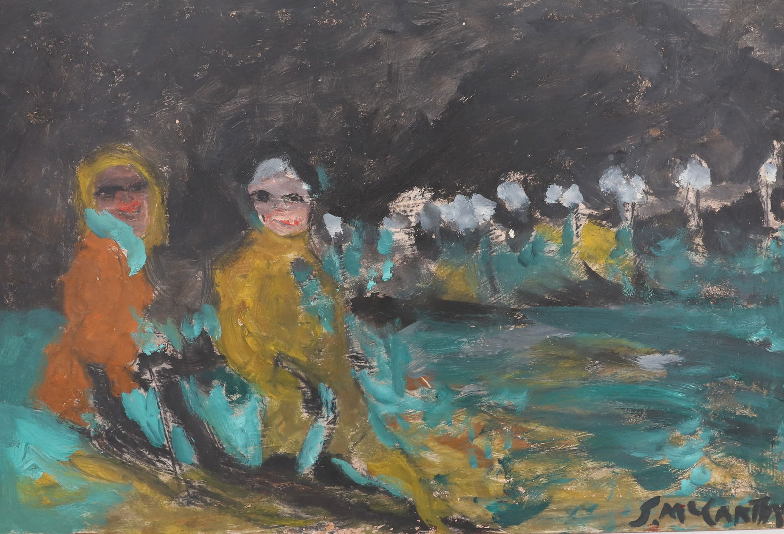 JUSTIN MCCARTHY OIL ON BOARD: NIGHT SKIERS. SGND. LOWER RIGHT. 16" X 24". UNFRAMED. PLEASE READ CAREFULLY - Terms for Purchasing and Shipping of Auction Items. Please read carefully before bidding. All payments for purchases will