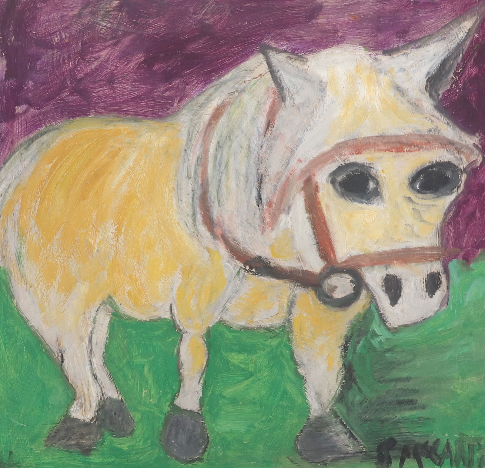 JUSTIN MCCARTHY OIL ON BOARD: PONY. SGND. LOWER RIGHT. UNUSUAL GREEN/PURPLE BACKGROUND. UNFRAMED. 17 3/4" X 18 1/4". FROM THE PRIVATE COLLECTION OF KATHRYN ZERVOS, GRANDDAUGHTER OF STERLING STRAUSER. PLEASE READ CAREFULLY - Terms
