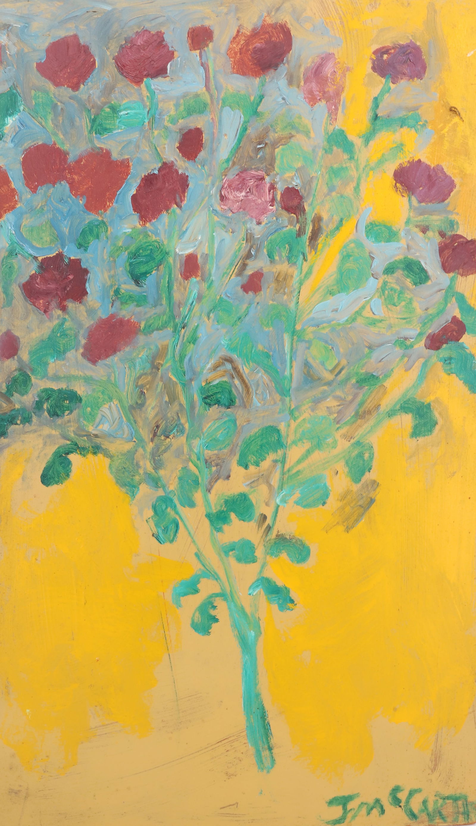 JUSTIN MCCARTHY OIL ON BOARD: FLORAL BOUQUET. SGND. LOWER RIGHT. UNUSUAL COLOR BACKGROUND. UNFRAMED. 28" X 17". FROM THE PRIVATE COLLECTION OF KATHRYN ZERVOS, GRANDDAUGHTER OF STERLING STRAUSER. PLEASE READ CAREFULLY - Terms for P