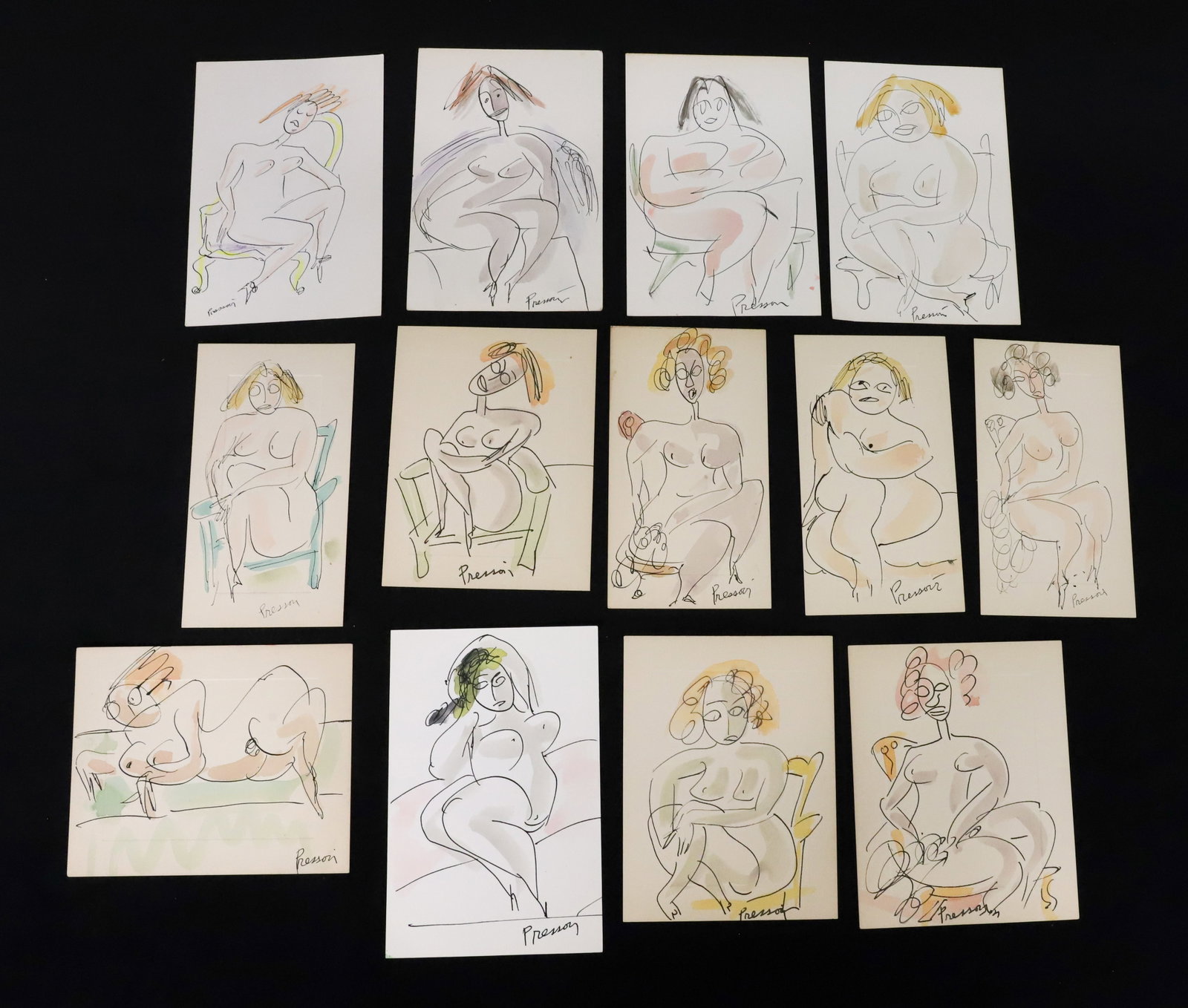 (13) ESTELLE PRESSOIR EROTIC FEMALE DRAWINGS: CIRCA 1920'S, LARGEST 5 3/4" X 4" - FROM THE PRIVATE COLLECTION OF KATHRYN ZERVOS GRANDDAUGHTER OF STERLING STRAUSER PLEASE READ CAREFULLY - Terms for Purchasing and Shipping of Auction Items. Please 