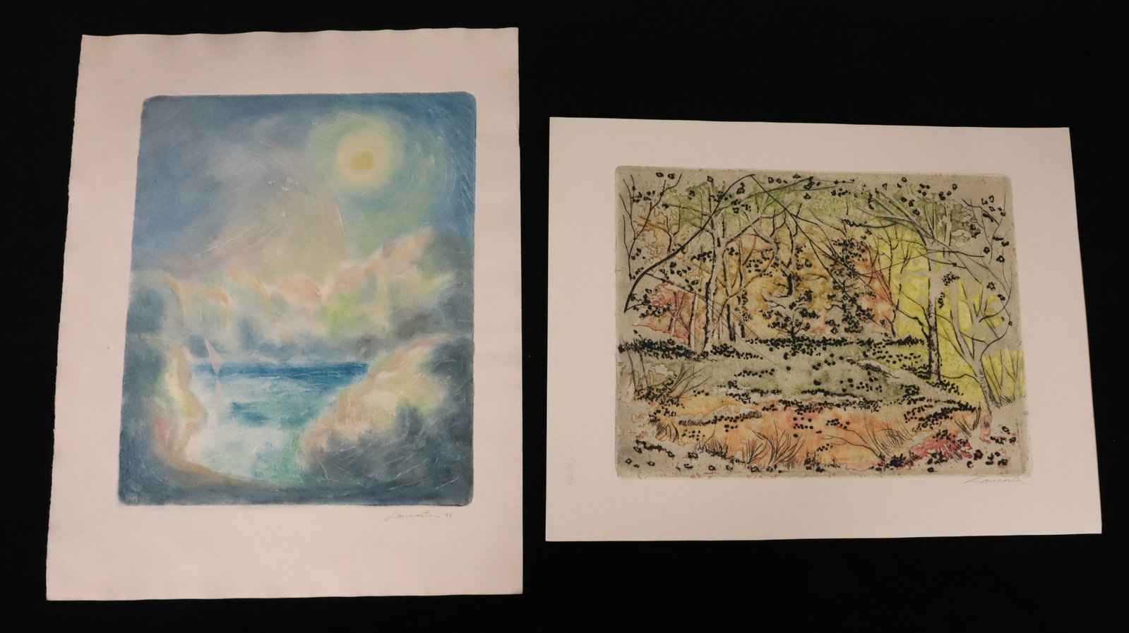 (2) PAUL LANCASTER BLOCK PRINTS: HAND COLORED, SIGNED LOWER RIGHT, DATED 71 AND 75, FOREST AND OCEAN SCENES, UNFRAMED 9" X 12" - FROM THE PRIVATE COLLECTION OF KATHRYN ZERVOS GRANDDAUGHTER OF STERLING STRAUSER PLEASE READ CAREFULLY -