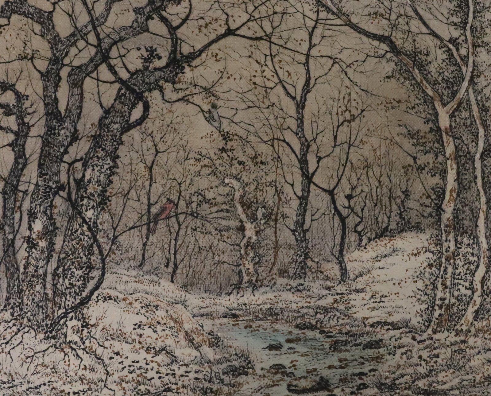 LARGE PAUL LANCASTER HAND COLORED BLOCK PRINT: FOREST SCENE WITH STREAM AND RED CARDINAL, SIGNED LOWER RIGHT, UNFRAMED 14" X 18" - FROM THE PRIVATE COLLECTION OF KATHRYN ZERVOS GRANDDAUGHTER OF STERLING STRAUSER PLEASE READ CAREFULLY - Terms for P
