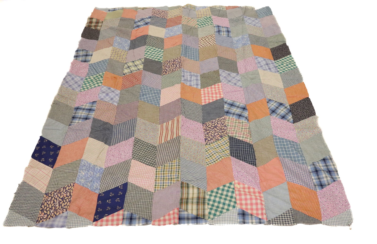 VINTAGE QUILT TOP: VARIETY OF FABRICS. 83" X 68". PLEASE READ CAREFULLY - Terms for Purchasing and Shipping of Auction Items. Please read carefully before bidding. All payments for purchases will be made through LiveAuc