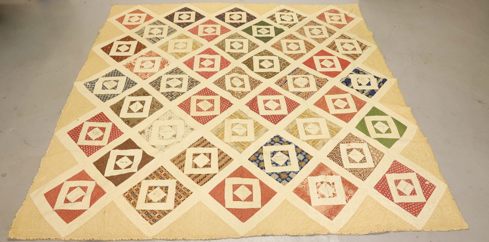 19TH C. FRIENDSHIP QUILT: HAND STITCHED WITH NAME STAMPED BLOCKS (ONE DATED 1845). APPROX. 84" X 84". PLEASE READ CAREFULLY - Terms for Purchasing and Shipping of Auction Items. Please read carefully before bidding. All paymen
