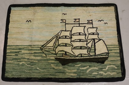 VINTAGE HOOKED RUG OF SAILING SHIP