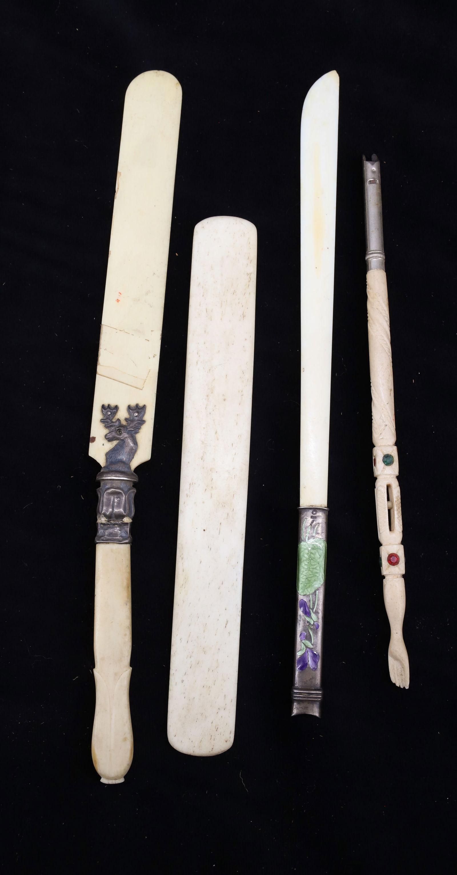 LOT OF CARVED BONE PAGE TURNERS AND PEN: LARGEST 11" L WITH STAG METAL MOUNT. OTHER HAS ENAMELED SILVER HANDLE. FOUNTAIN PEN HAS CARVED BALL IN CAGE AND HAND ON END. 8" LENGTH. PLEASE READ CAREFULLY - Terms for Purchasing and Shipping of Auc