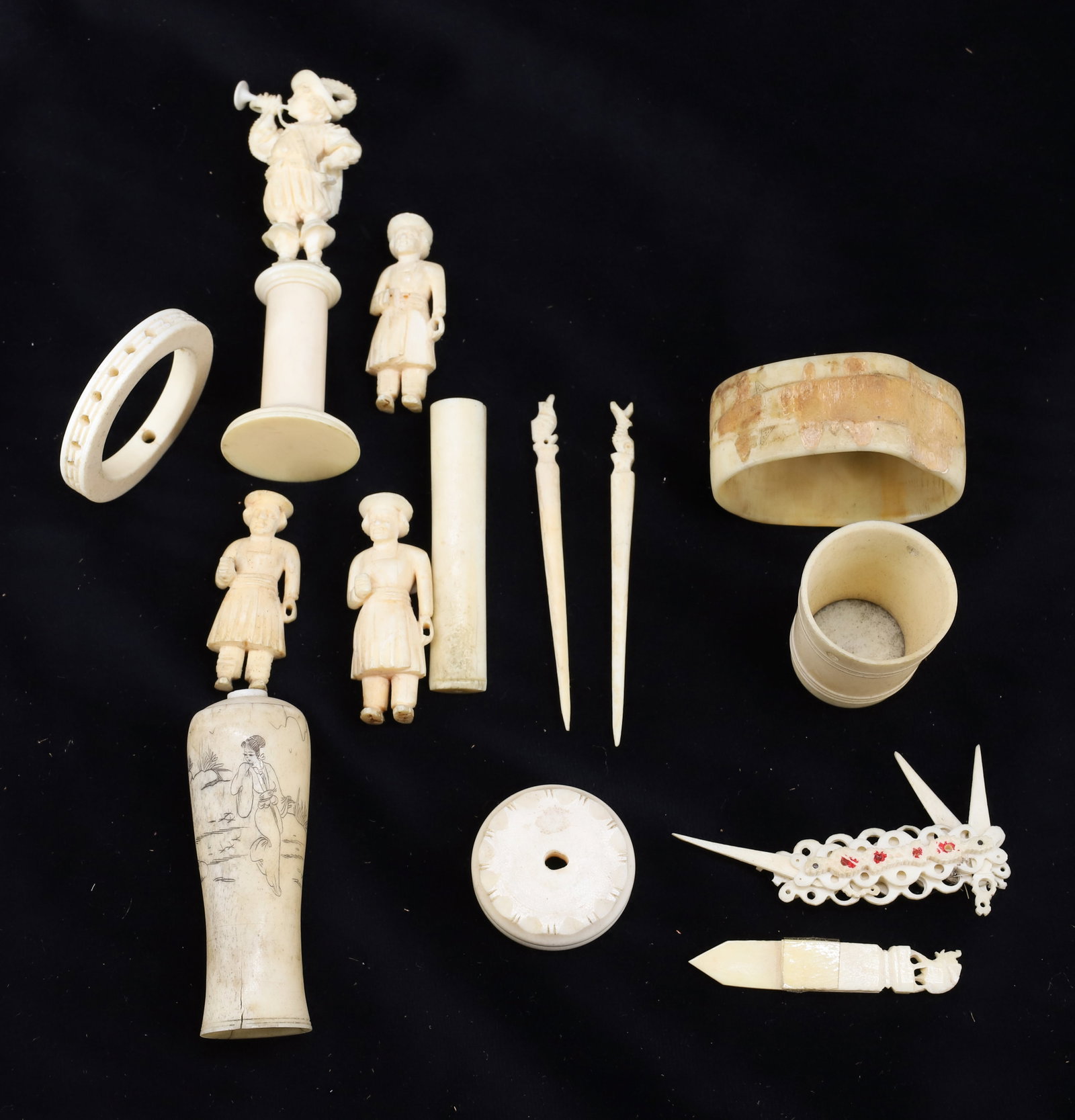LOT OF CARVED BONE ITEMS: VARIETY OF FIGURES (LARGEST ON PEDESTAL 4 1/4" H., TOOTHPICKS, MOUTHPIECE, ASIAN DECORATED HOLDER AND MORE. PLEASE READ CAREFULLY - Terms for Purchasing and Shipping of Auction Items. Please read care