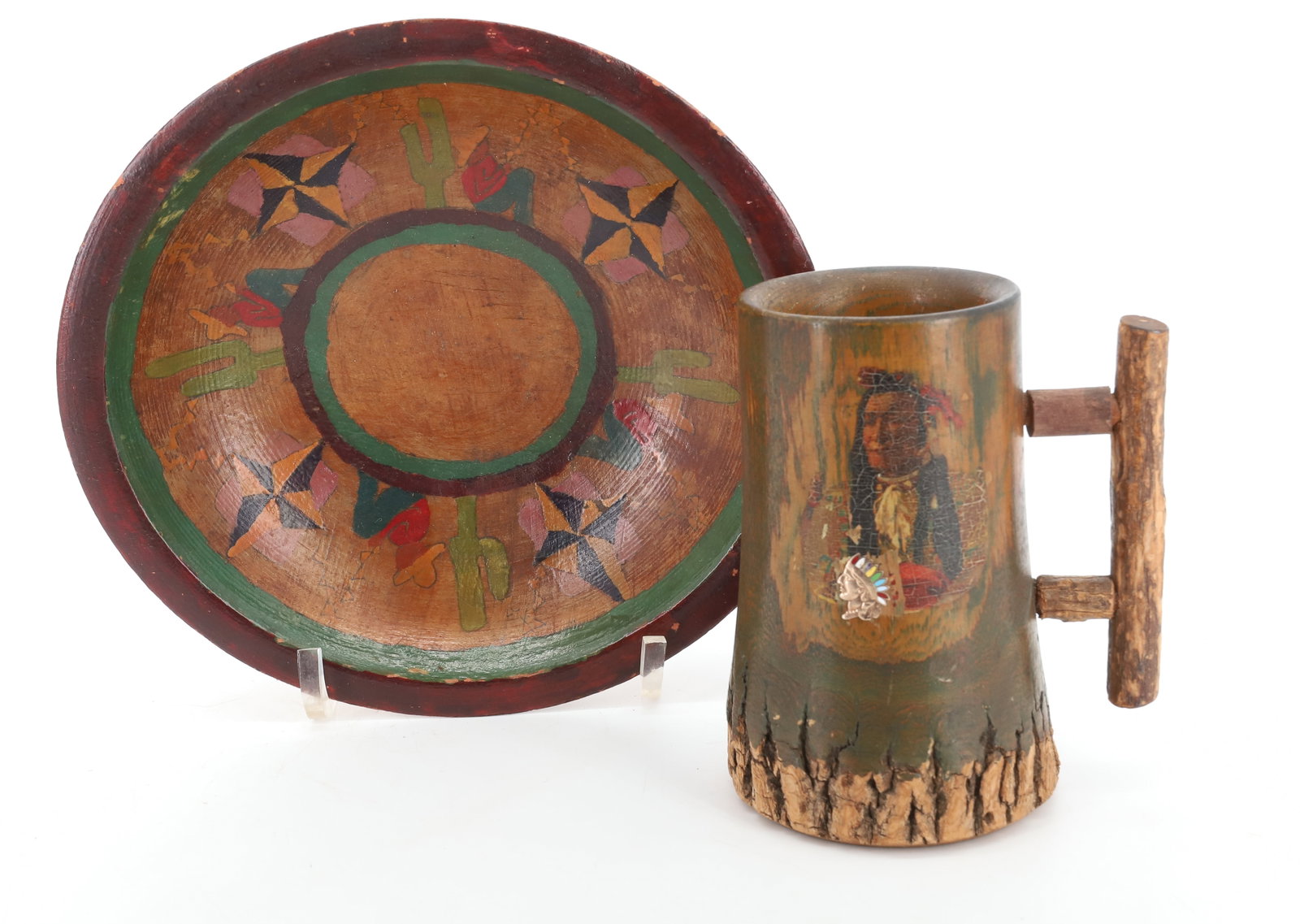 PAINTED WOODEN BOWL AND MUG: WOODEN BOWL WITH SOUTHWESTERN MOTIF PAINTED ON INTERIOR 9" D. WOODEN MUG WITH NATIVE AMERICAN DECAL. DATED 1907 ON BOTTOM. 5 1/2" H. PLEASE READ CAREFULLY - Terms for Purchasing and Shipping of Auctio