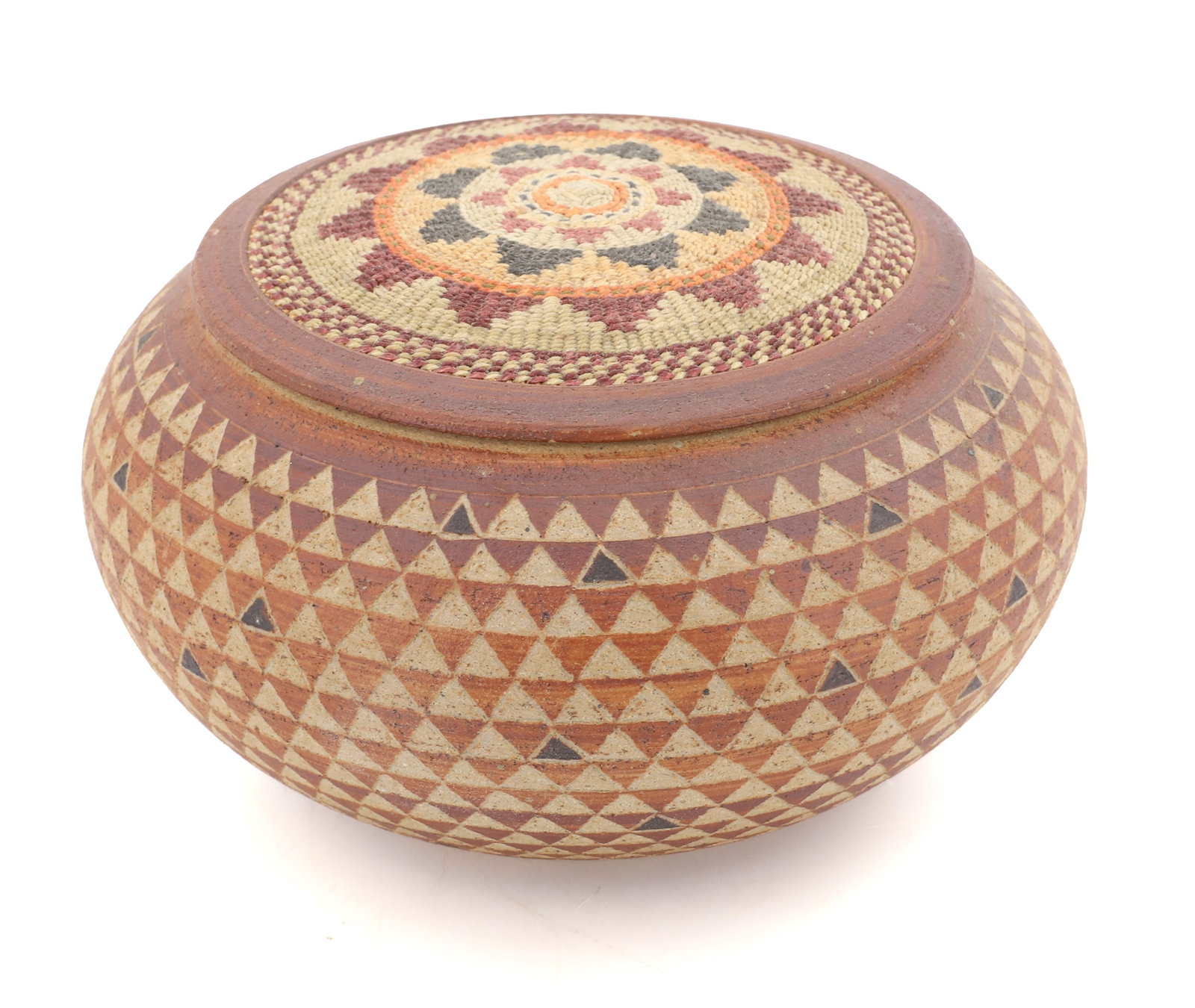 LIDDED POTTERY BASKET JAR: INCISED/PAINTED DECORATION. SGND/DATED ON BOTTOM "RICHMAND KONDO, 06" 7 1/2" D. PLEASE READ CAREFULLY - Terms for Purchasing and Shipping of Auction Items. Please read carefully before bidding. All pa