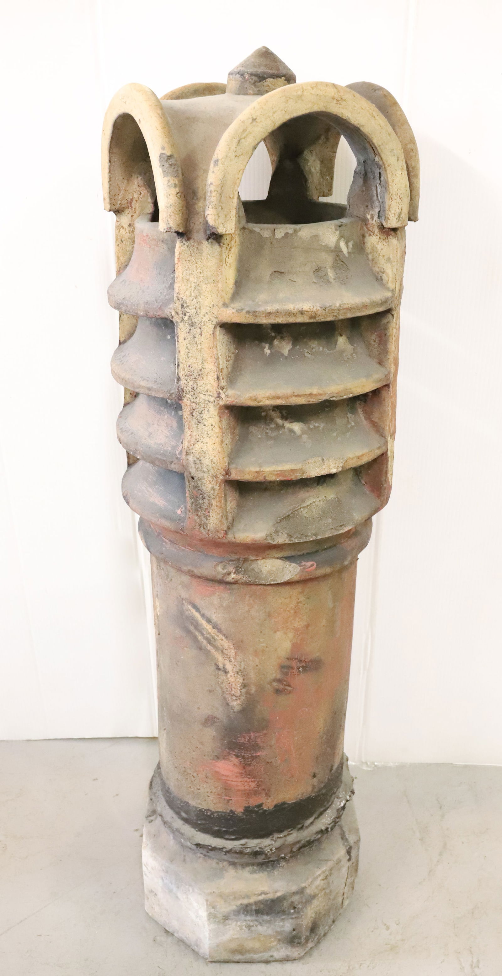 TERRA-COTTA CHIMNEY FLUE TOPPER: ORNATE ROOF TOPPER. 45" X 14" D. PLEASE READ CAREFULLY - Terms for Purchasing and Shipping of Auction Items. Please read carefully before bidding. All payments for purchases will be made through LiveA