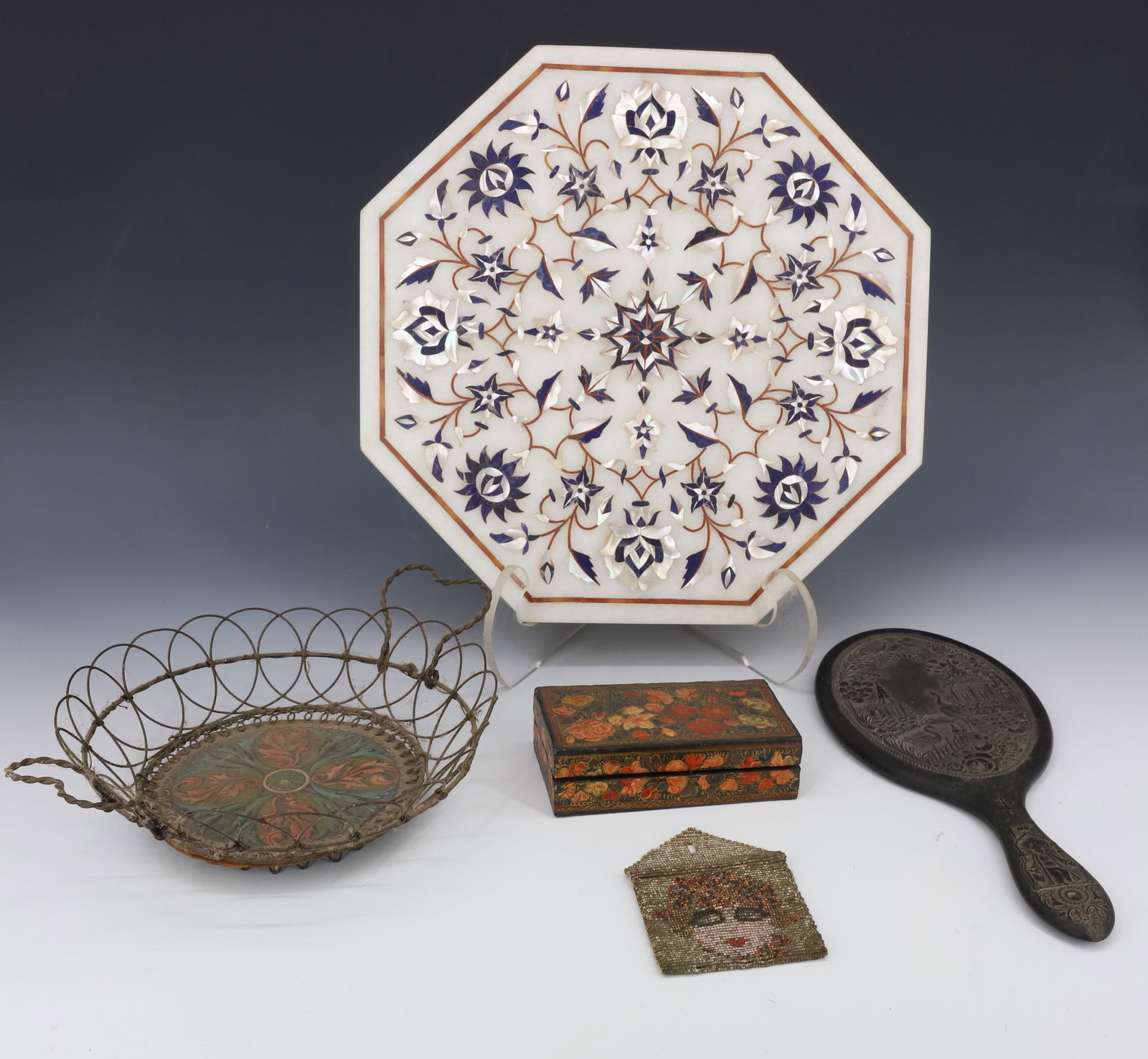 LOT OF VINTAGE SMALLS: INCLUDING: ART DECO CHANGE PURSE 2 1/2" X 2 1/4", DECORATED LIFT-LID BOX 4 1/4", DECORATED HAND MIRROR MRKD. "FLORENCE" ON HANDLE, OCTAGONAL DECORATED STONE TOP 11" D. AND MORE. PLEASE READ CAREFULLY