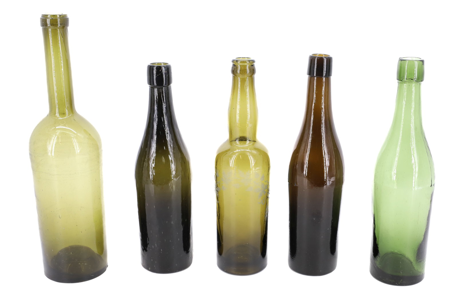 LOT OF ANTIQUE BOTTLES: (5) INCLUDING DECORATIVE ETCHED EXAMPLE. 9 1/2" TO 11 1/2" HEIGHTS PLEASE READ CAREFULLY - Terms for Purchasing and Shipping of Auction Items. Please read carefully before bidding. All payments for pu