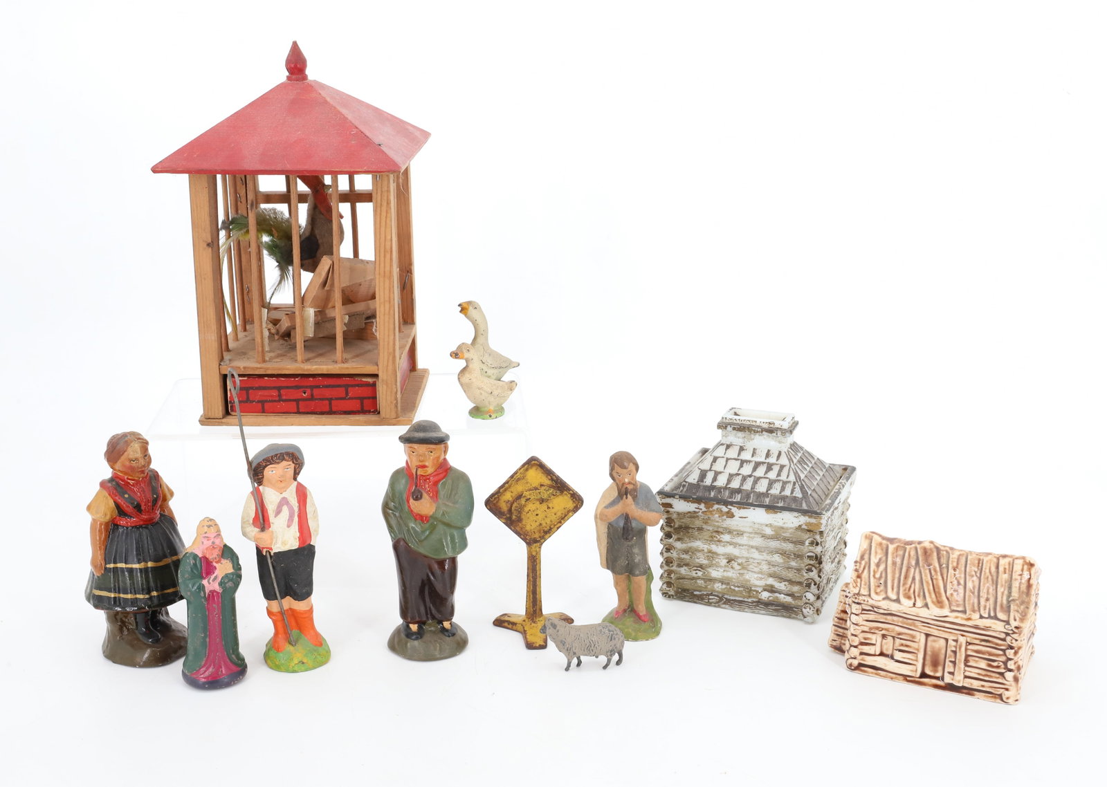 LOT OF VINTAGE SMALLS: INCLUDING: WESTMORELAND GLASS LOG CABIN MUSTARD POT 3 1/2" L. , VAN DYK TEAS CERAMIC CABIN, CAST IRON/COMPOSITION FIGURES AND ANIMALS. WOODEN ROOSTER SQUEAKER IN CAGE (AS-FOUND). PLEASE READ CAREFULLY