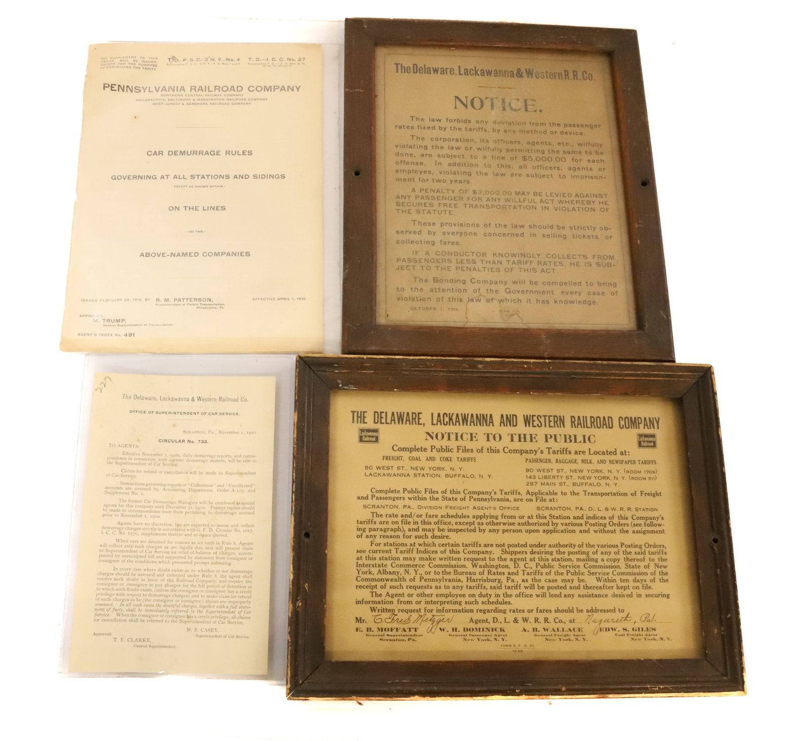 LOT OF DELAWARE, LACKAWANNA AND WESTERN RAILROAD ITEMS: INCLUDING: FRAMED NOTICES 9 1/2" X 12 1/2", 1910 SCRANTON, PA BULLETIN, AND PENNSYLVANIA RAILROAD RULES (1910). PLEASE READ CAREFULLY - Terms for Purchasing and Shipping of Auction Items. Please read 