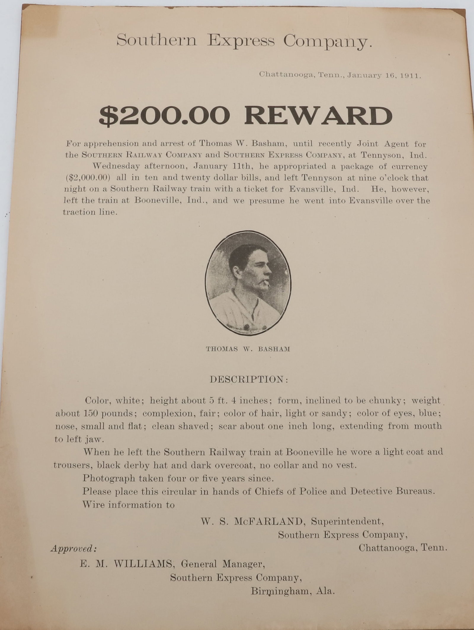 SOUTHERN EXPRESS COMPANY "REWARD" BROADSIDE: FOR "APPREHENSION AND ARREST" OF AN EMPLOYEE WHO "APPROPRIATED" $2000. 11 1/4" X 8 1/2". DATED 1911. PLEASE READ CAREFULLY - Terms for Purchasing and Shipping of Auction Items. Please read carefully b