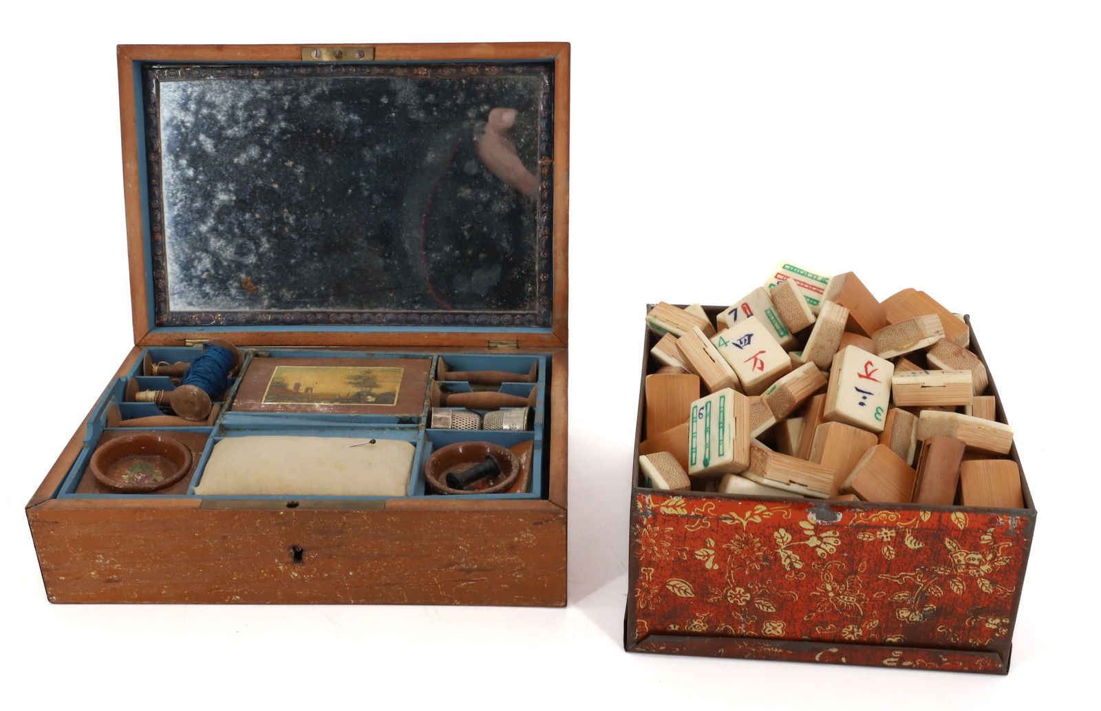 SEWING BOX AND MAH JONG SET: SEWING BOX WITH CONTENTS 8" WITH BONE/BAMBOO MAHJONG SET IN LITHO TIN. TILES 1" X 3/4". APPROX. 144 TILES AND TWO DICE. PLEASE READ CAREFULLY - Terms for Purchasing and Shipping of Auction Items. Plea