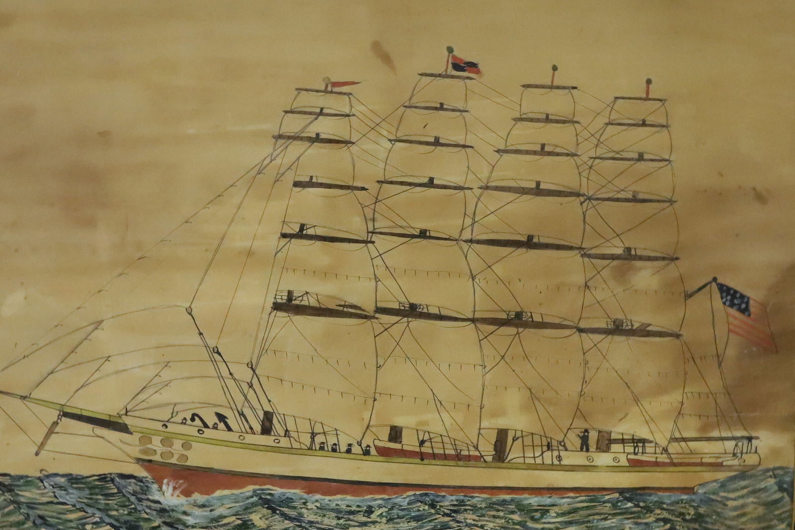 FRAMED HAND DRAWN SAILING SHIP: INK/WATERCOLOR ON PAPER "THE SHIP RINE DRAWN BY WILLIAM D. STETSON". FRAMED UNDER GLASS. SIGHT VIEW 20" X 27 1/2". PLEASE READ CAREFULLY - Terms for Purchasing and Shipping of Auction Items. Please re