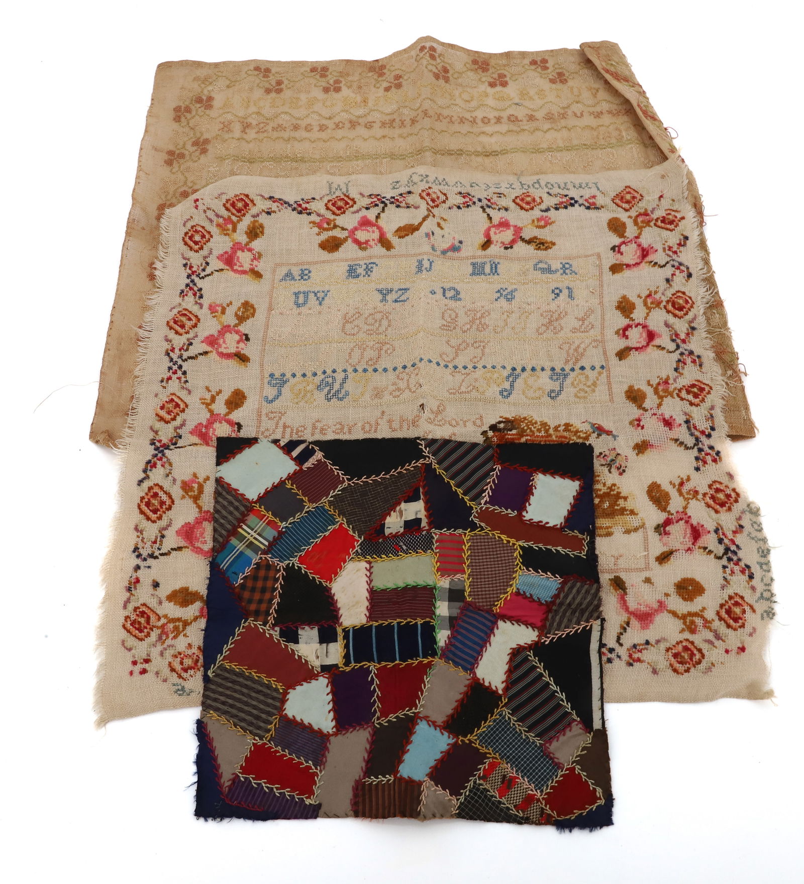 (2) VINTAGE SAMPLERS AND DOLL CRAZY QUILT: SAMPLERS 16" X 16" AND 16 1/2" X 16 1/2". DOLL QUILT 9" X 9 1/2". PLEASE READ CAREFULLY - Terms for Purchasing and Shipping of Auction Items. Please read carefully before bidding. All payments for pur