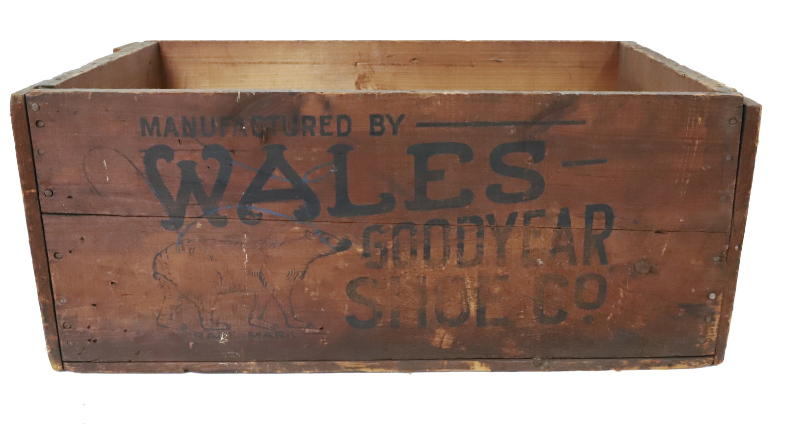 WALES GOODYEAR ADVERTISING CRATE: WALES GOODYEAR SHOE CO. 10" X 24" X 13 1/2". PLEASE READ CAREFULLY - Terms for Purchasing and Shipping of Auction Items. Please read carefully before bidding. All payments for purchases will be made t