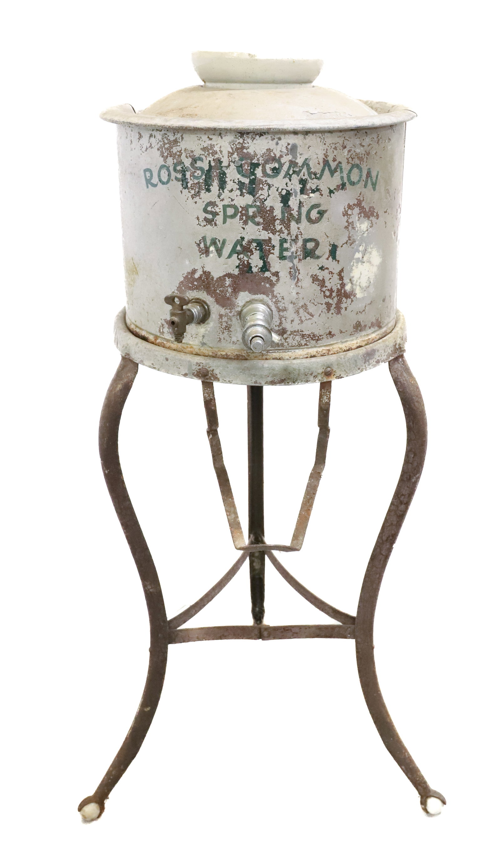 ANTIQUE WATER DISPENSER: ROSS COMMON SPRING WATER (SAYLORSBURG, PA) METAL WITH SPIGOTS AND INTERIOR STONEWARE RESERVOIR. ON METAL BASE. 40" X 14 1/2". PLEASE READ CAREFULLY - Terms for Purchasing and Shipping of Auction Items