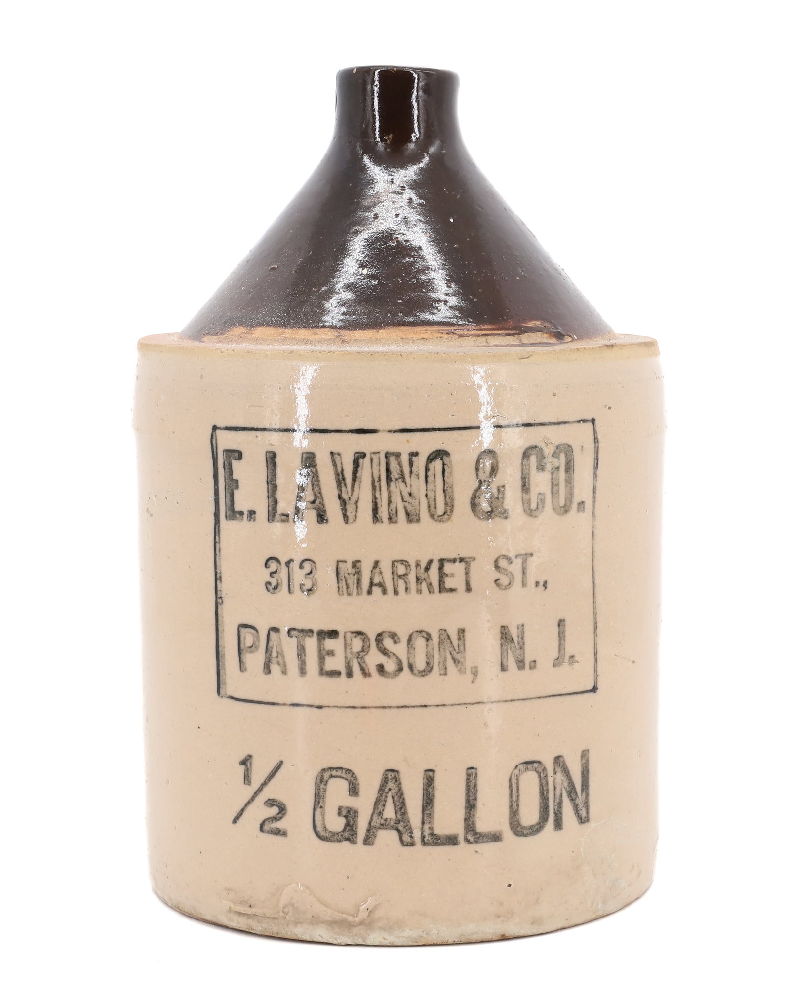 STONEWARE ADVERTISING JUG: HALF-GALLON "E. LAVINO & CO., PATERSON, NJ" 9" H. PLEASE READ CAREFULLY - Terms for Purchasing and Shipping of Auction Items. Please read carefully before bidding. All payments for purchases will be m