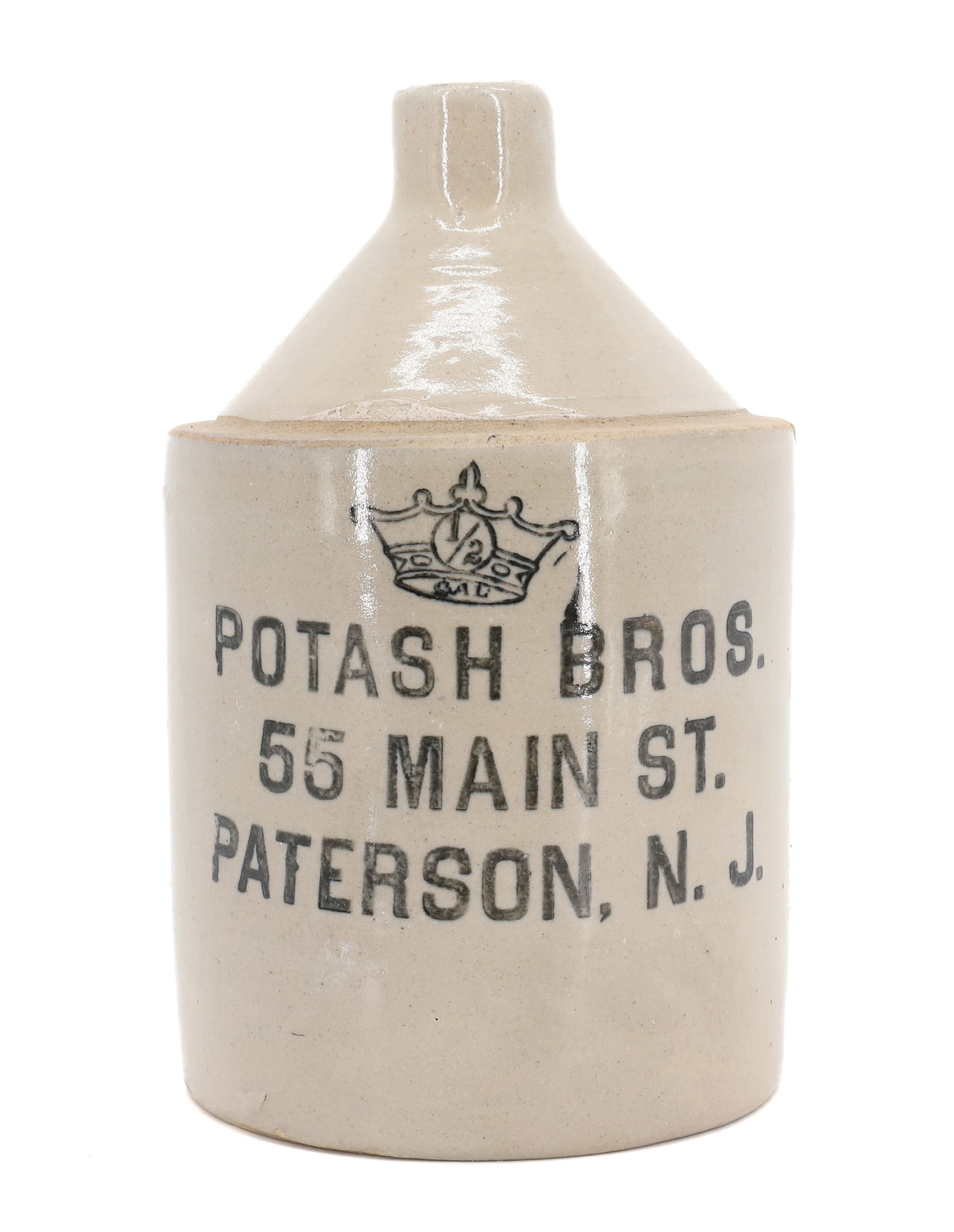 STONEWARE ADVERTISING JUG: HALF-GALLON "POTASH BROS. PATERSON, NJ" 9" H. PLEASE READ CAREFULLY - Terms for Purchasing and Shipping of Auction Items. Please read carefully before bidding. All payments for purchases will be made 