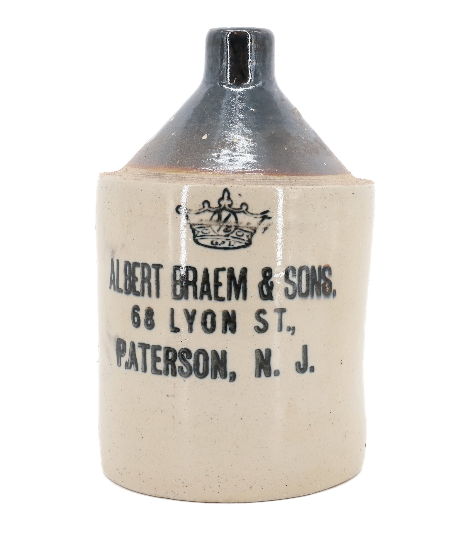 STONEWARE ADVERTISING JUG: HALF-GALLON "ALBERT BRAEM & SONS, PATERSON, NJ" 9" H. PLEASE READ CAREFULLY - Terms for Purchasing and Shipping of Auction Items. Please read carefully before bidding. All payments for purchases will 
