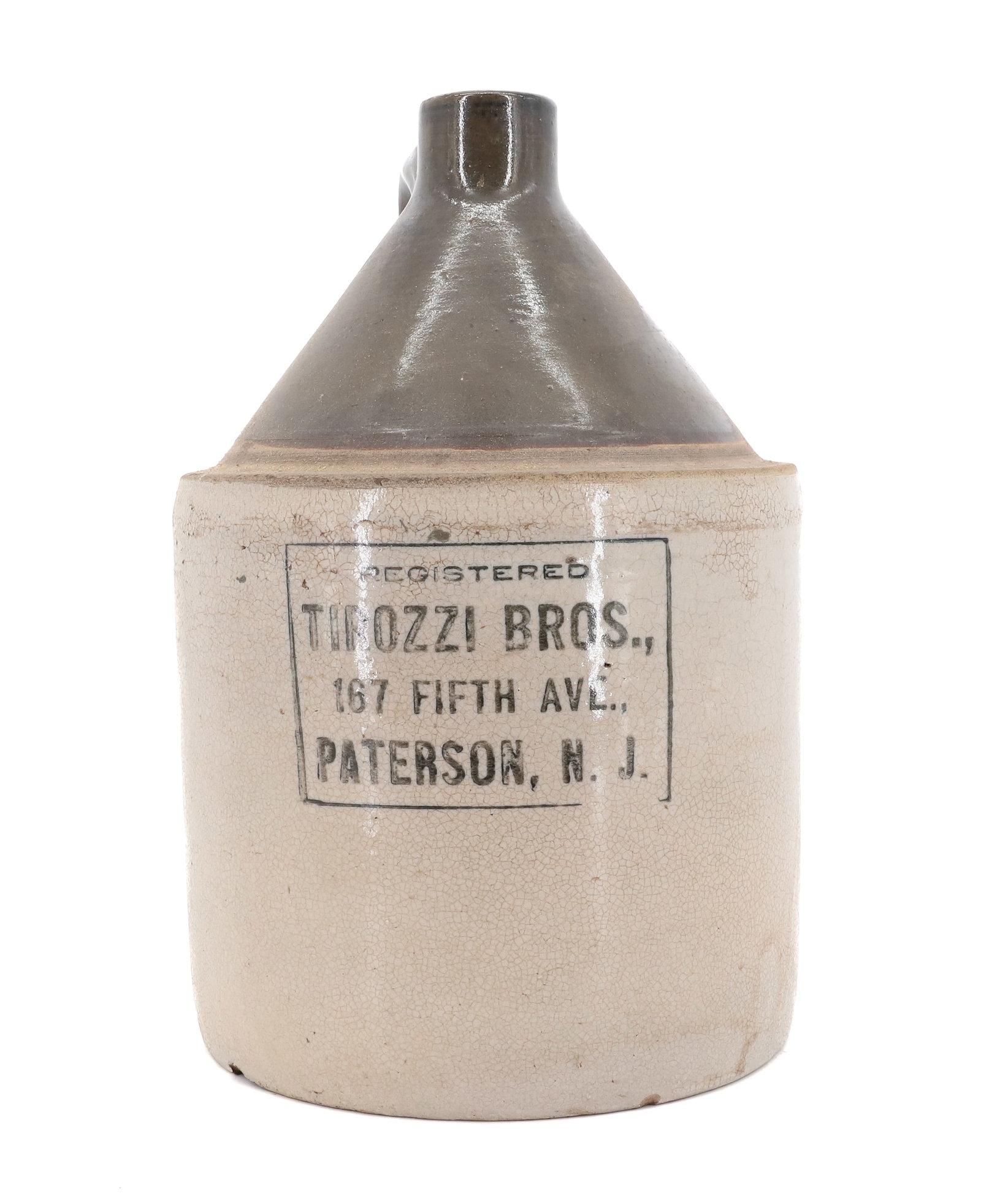 STONEWARE ADVERTISING JUG: TIROZZI BROS., PATERSON, NJ. 11" H. PLEASE READ CAREFULLY - Terms for Purchasing and Shipping of Auction Items. Please read carefully before bidding. All payments for purchases will be made through Li